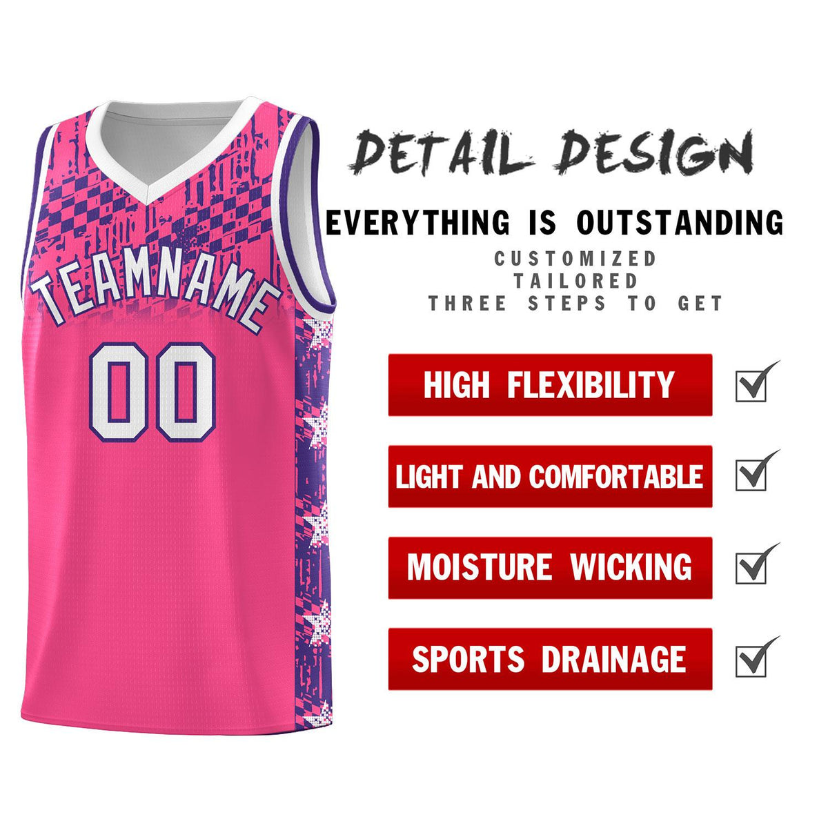Custom Pink Mosaic Stars Pattern Sports Uniform Basketball Jersey