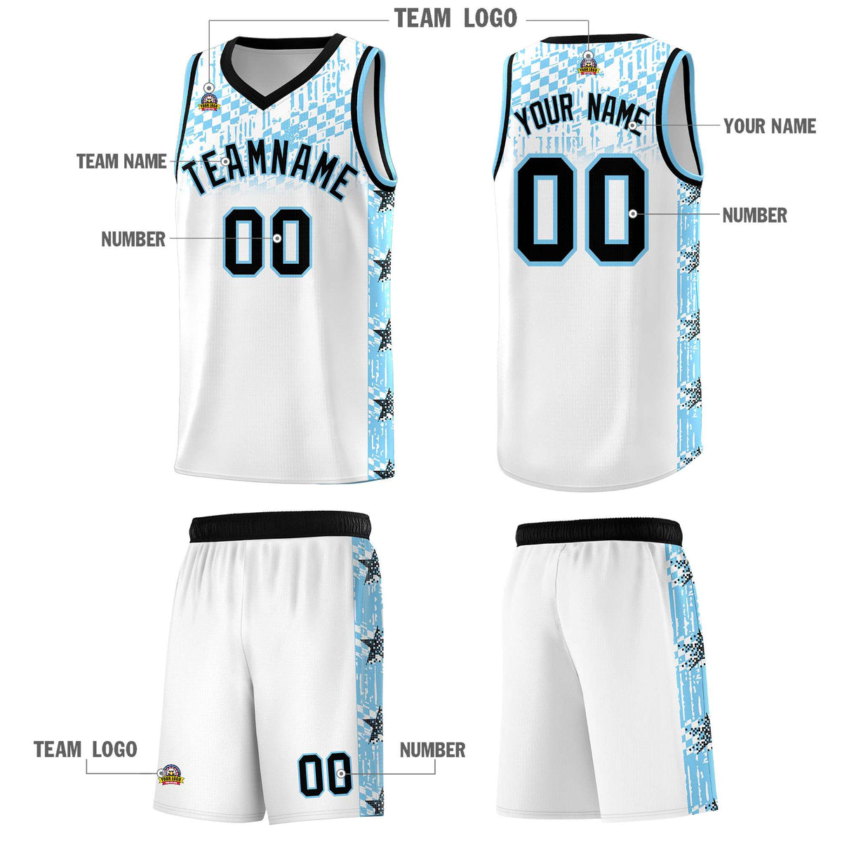 Custom White Mosaic Stars Pattern Sports Uniform Basketball Jersey