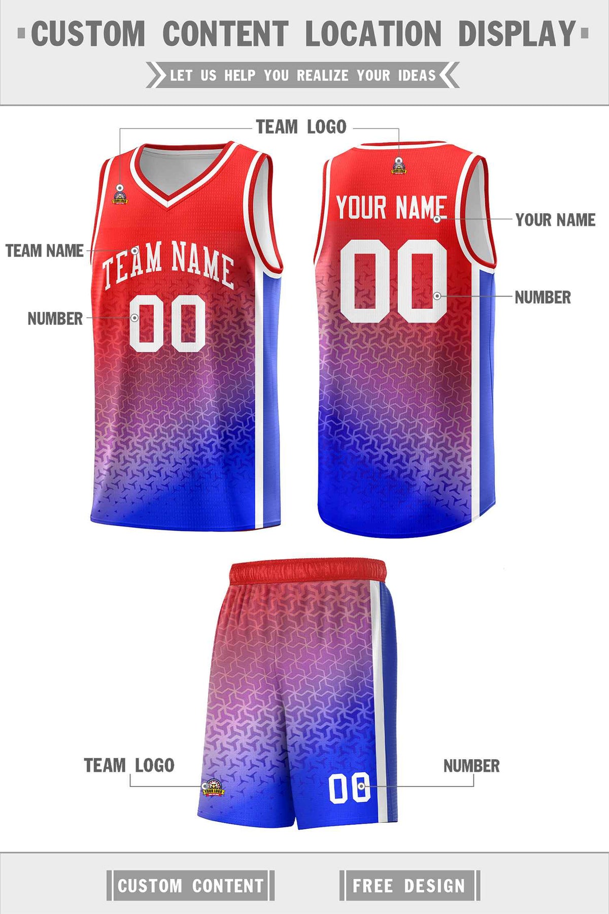 Custom Red Royal Gradient Design Irregular Shapes Pattern Sports Uniform Basketball Jersey