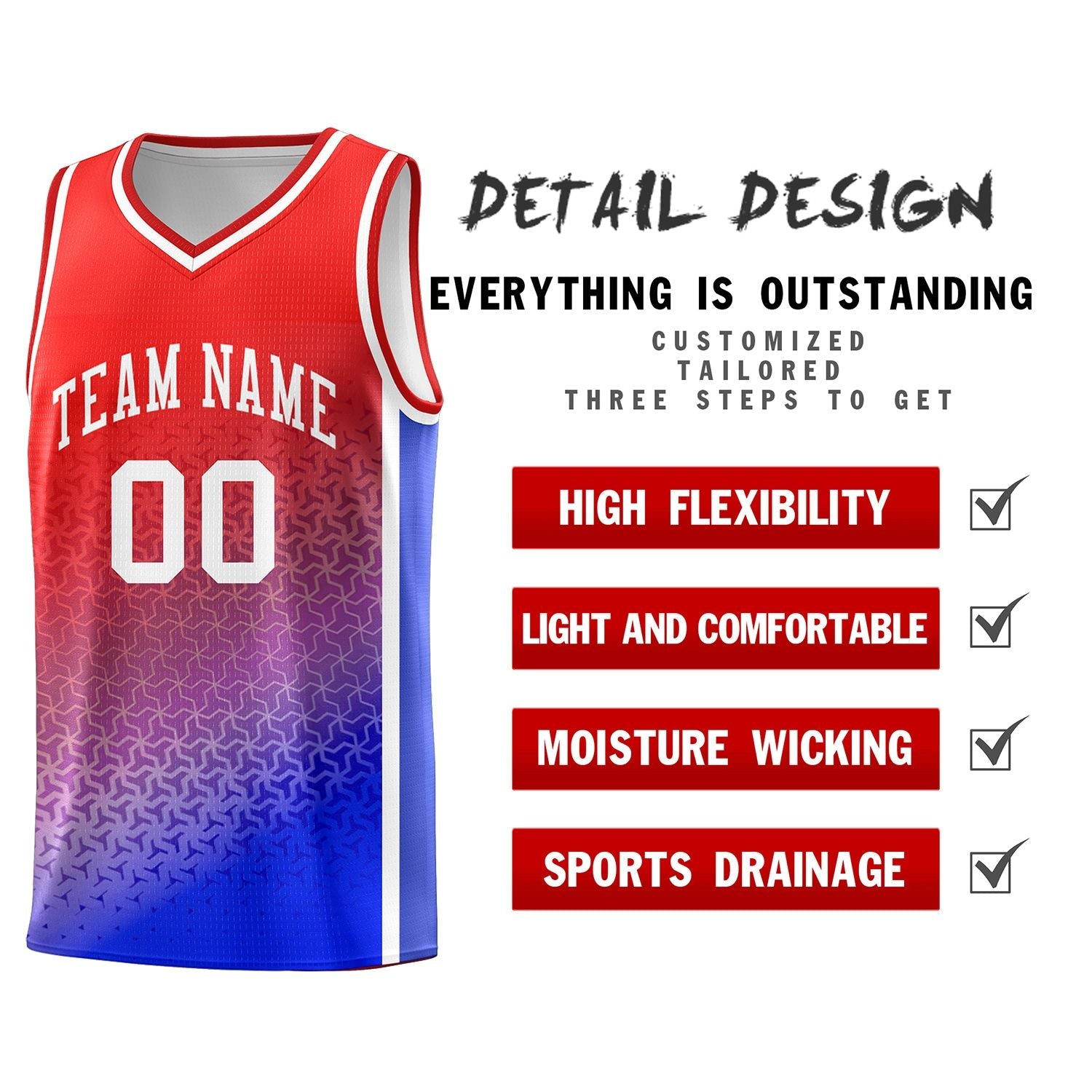 Custom Red Royal Gradient Design Irregular Shapes Pattern Sports Uniform Basketball Jersey