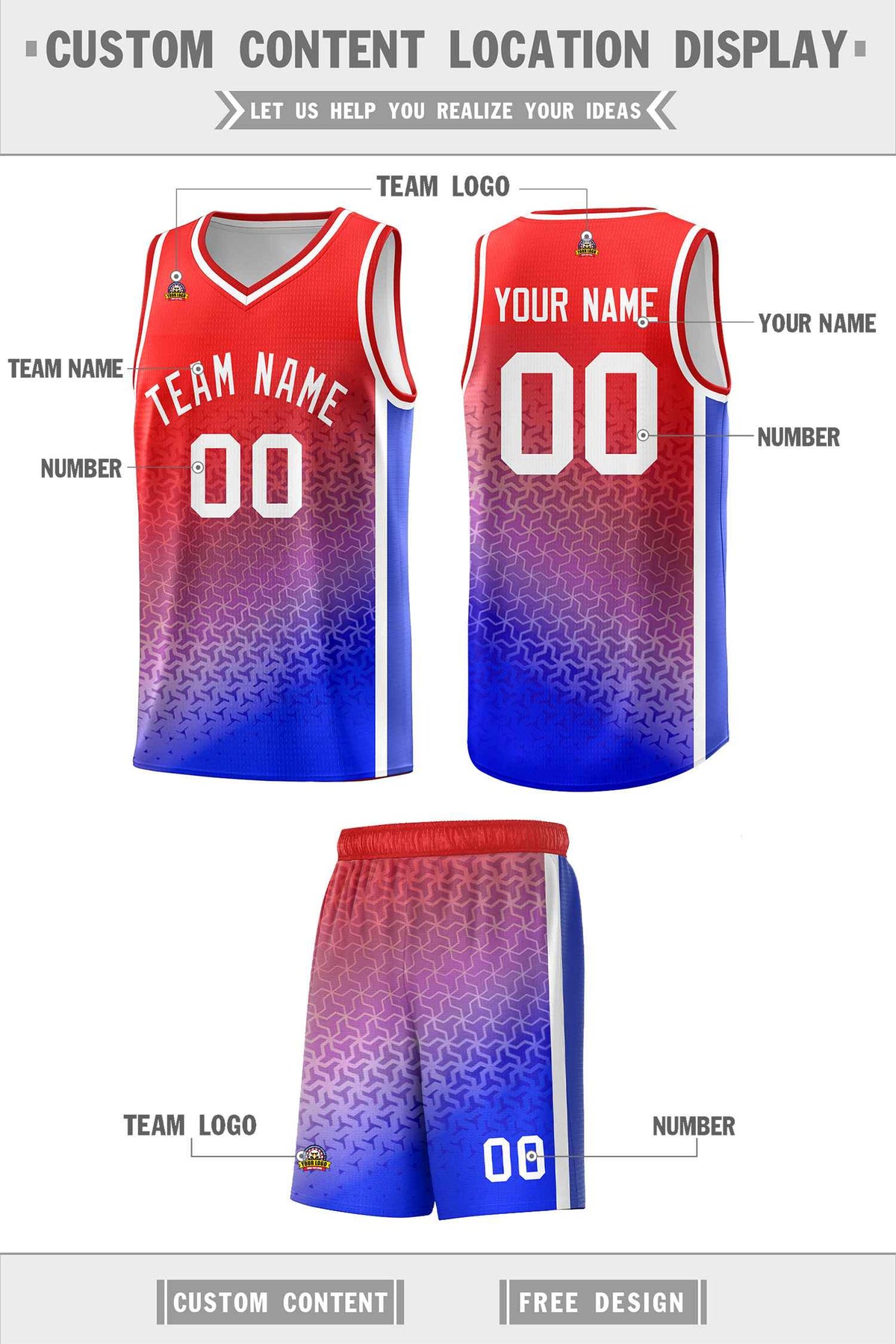 Custom Red Royal Gradient Design Irregular Shapes Pattern Sports Uniform Basketball Jersey