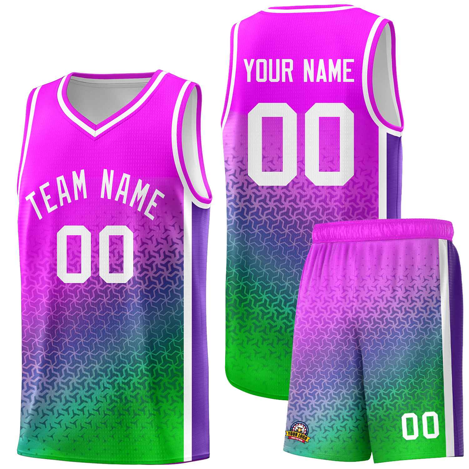 Custom Pink Purple-Neon Green Gradient Design Irregular Shapes Pattern Sports Uniform Basketball Jersey