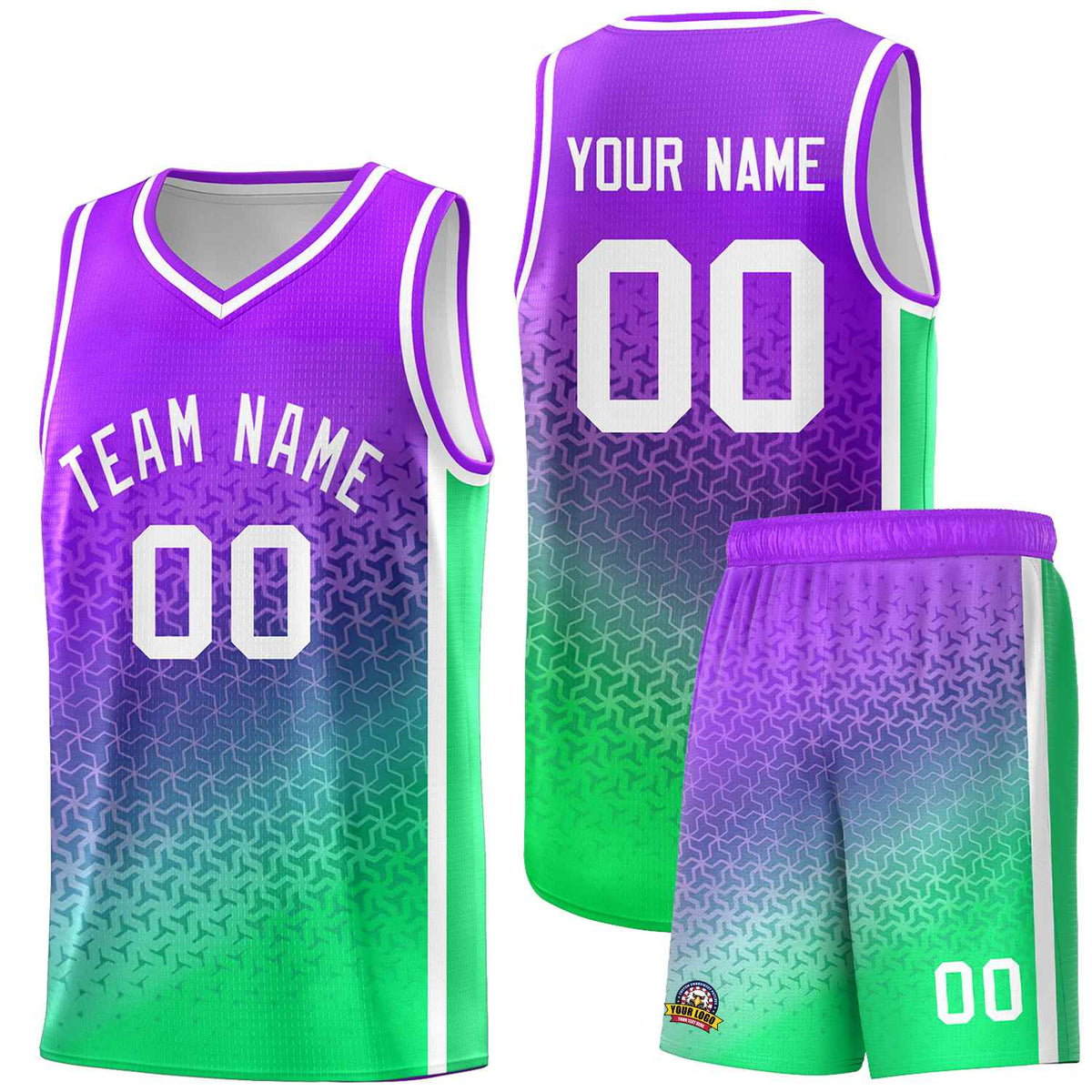 Custom Purple Fluorescent Green Gradient Design Irregular Shapes Pattern Sports Uniform Basketball Jersey