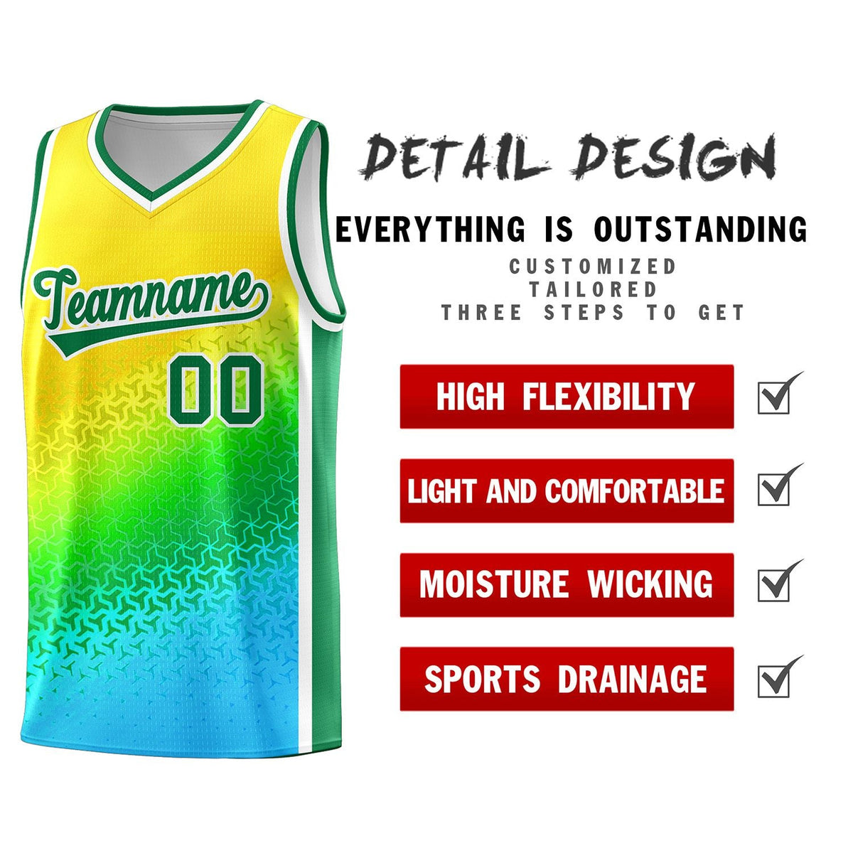 Custom Gold Light Green-Sky Blue Gradient Design Irregular Shapes Pattern Sports Uniform Basketball Jersey