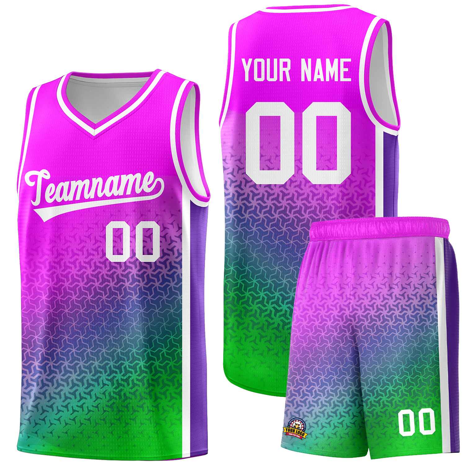 Custom Pink Purple-Neon Green Gradient Design Irregular Shapes Pattern Sports Uniform Basketball Jersey