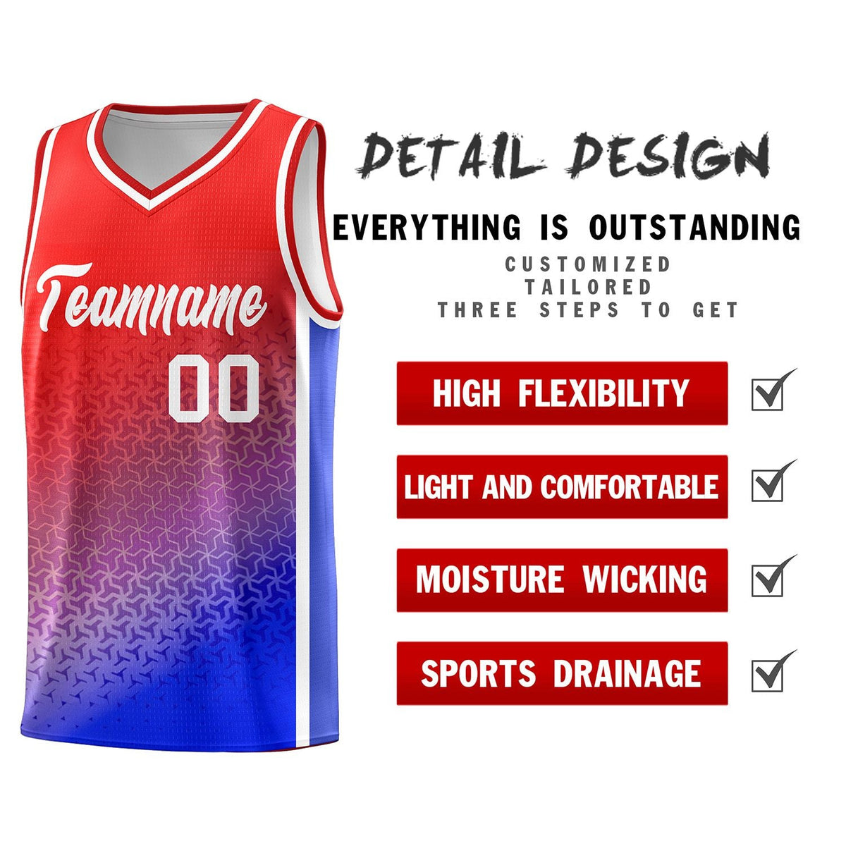 Custom Red Royal Gradient Design Irregular Shapes Pattern Sports Uniform Basketball Jersey
