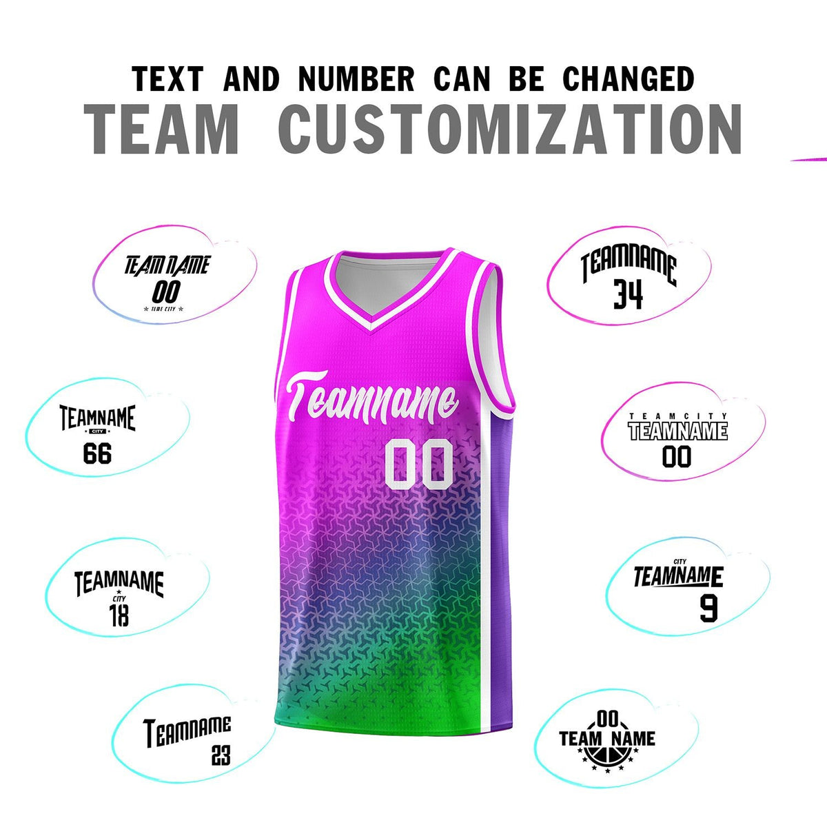 Custom Pink Purple-Neon Green Gradient Design Irregular Shapes Pattern Sports Uniform Basketball Jersey
