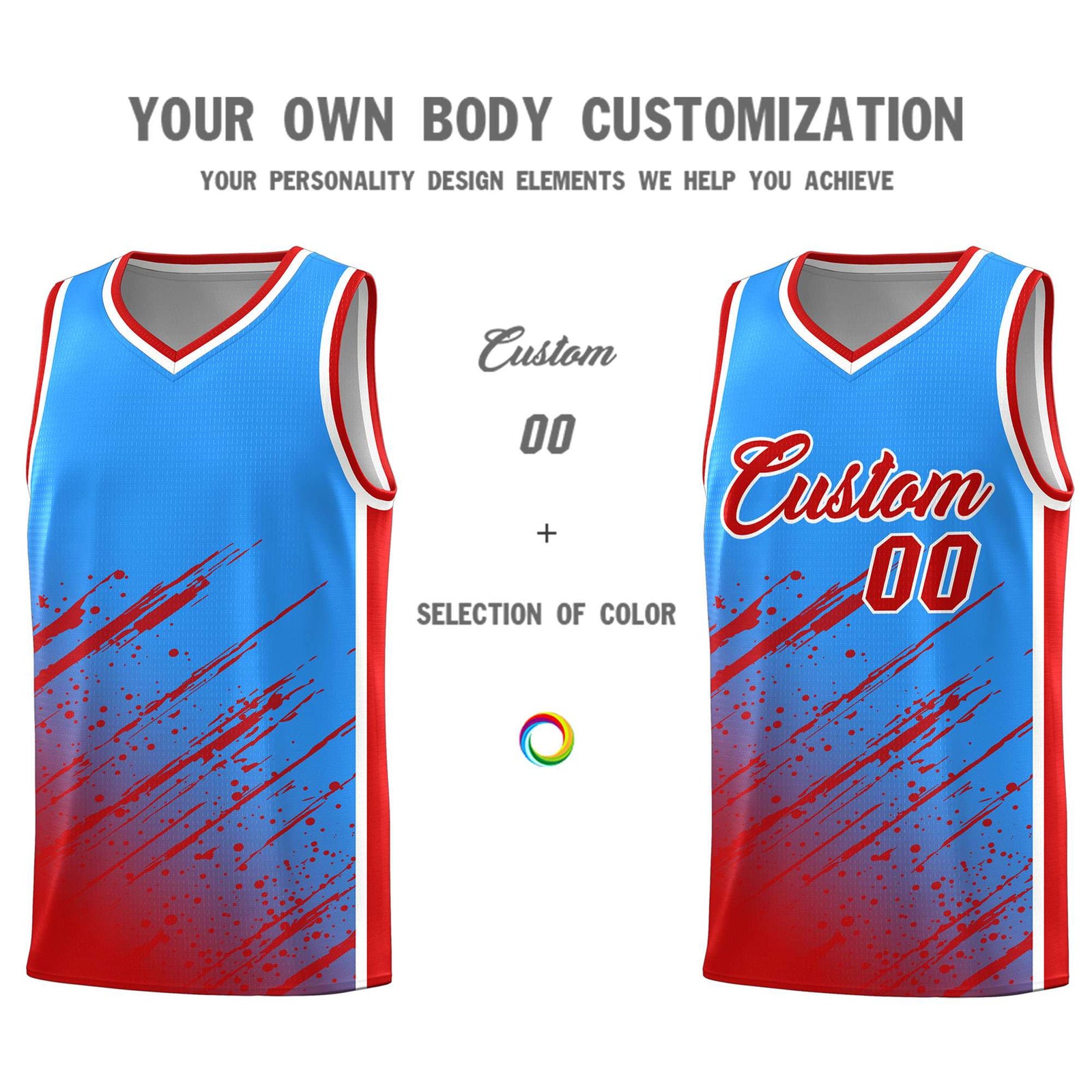 Custom Powder Blue Basketball Kits With Red Paint Graffiti