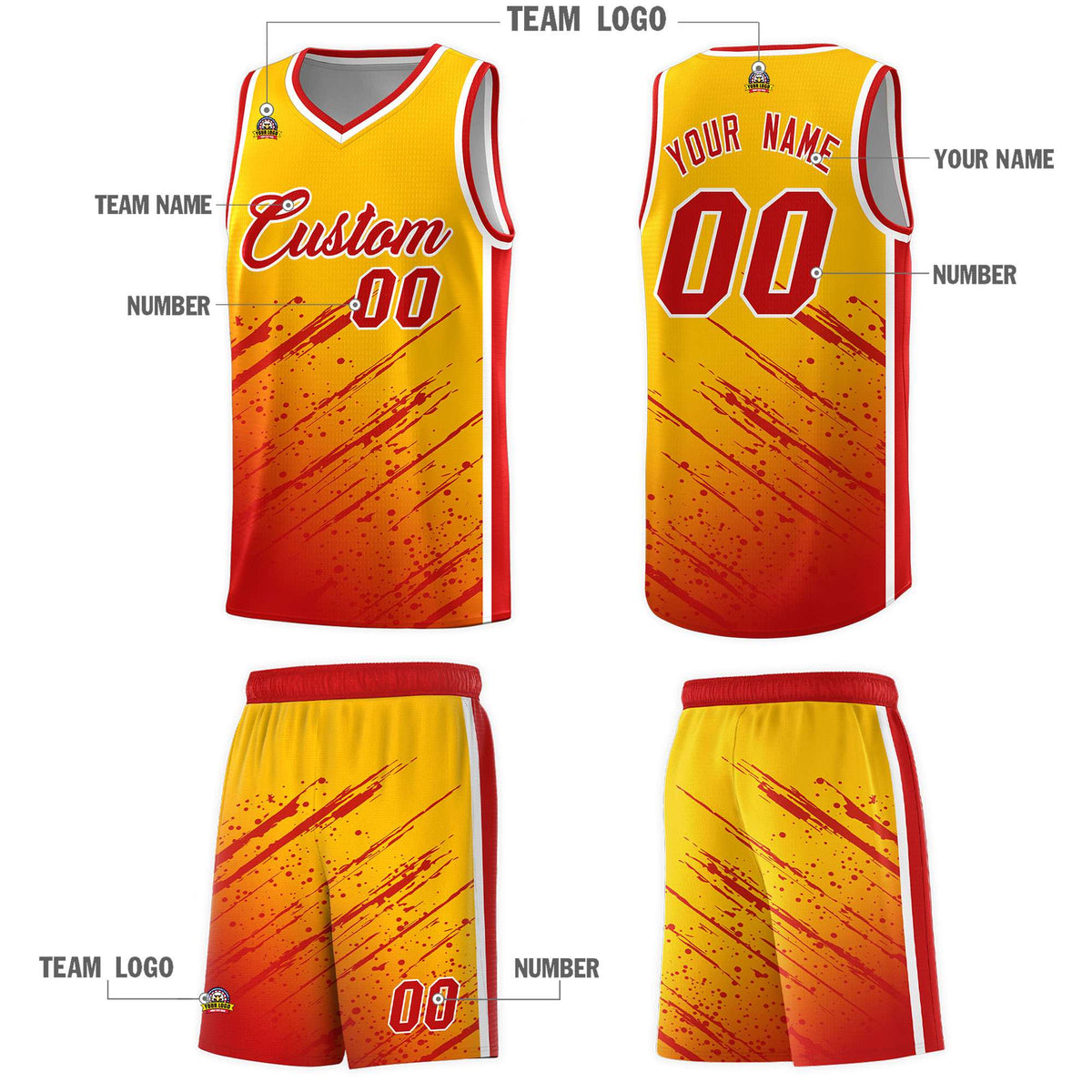 Custom Yellow Basketball Kits With Red Paint Graffiti