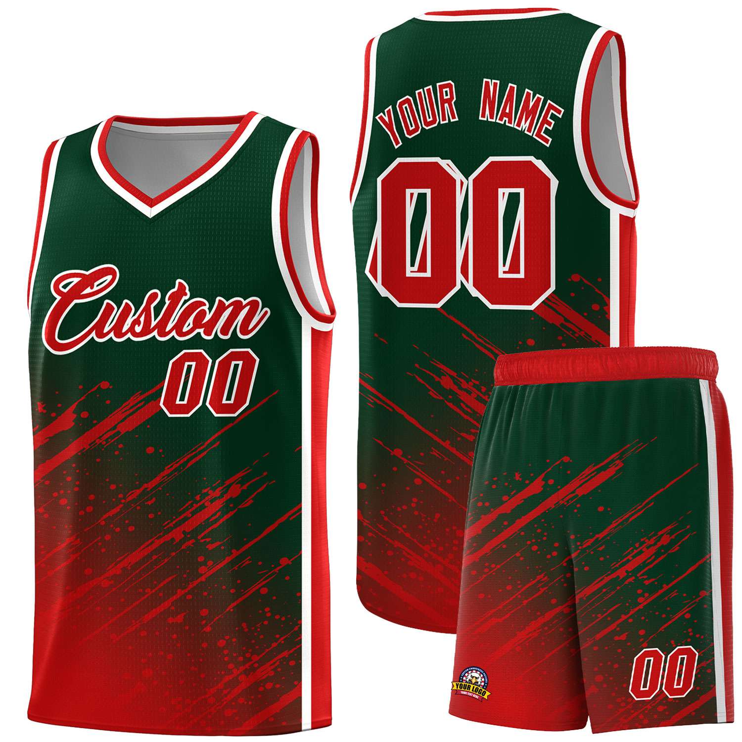 Custom Green Basketball Kits With Red Paint Graffiti