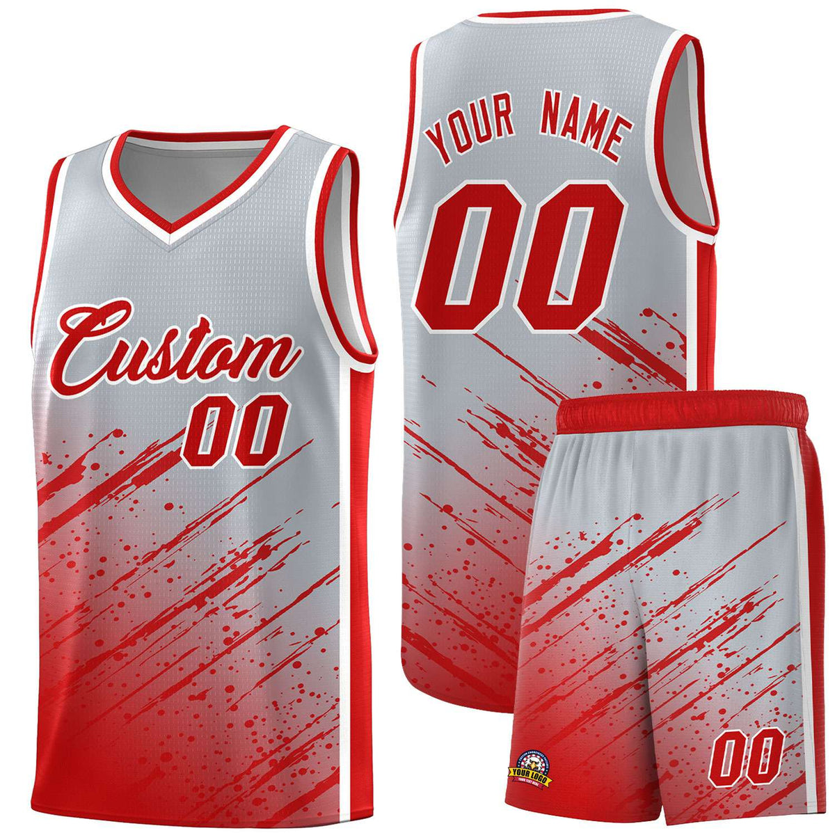 Custom Gray Basketball Kits With Red Paint Graffiti