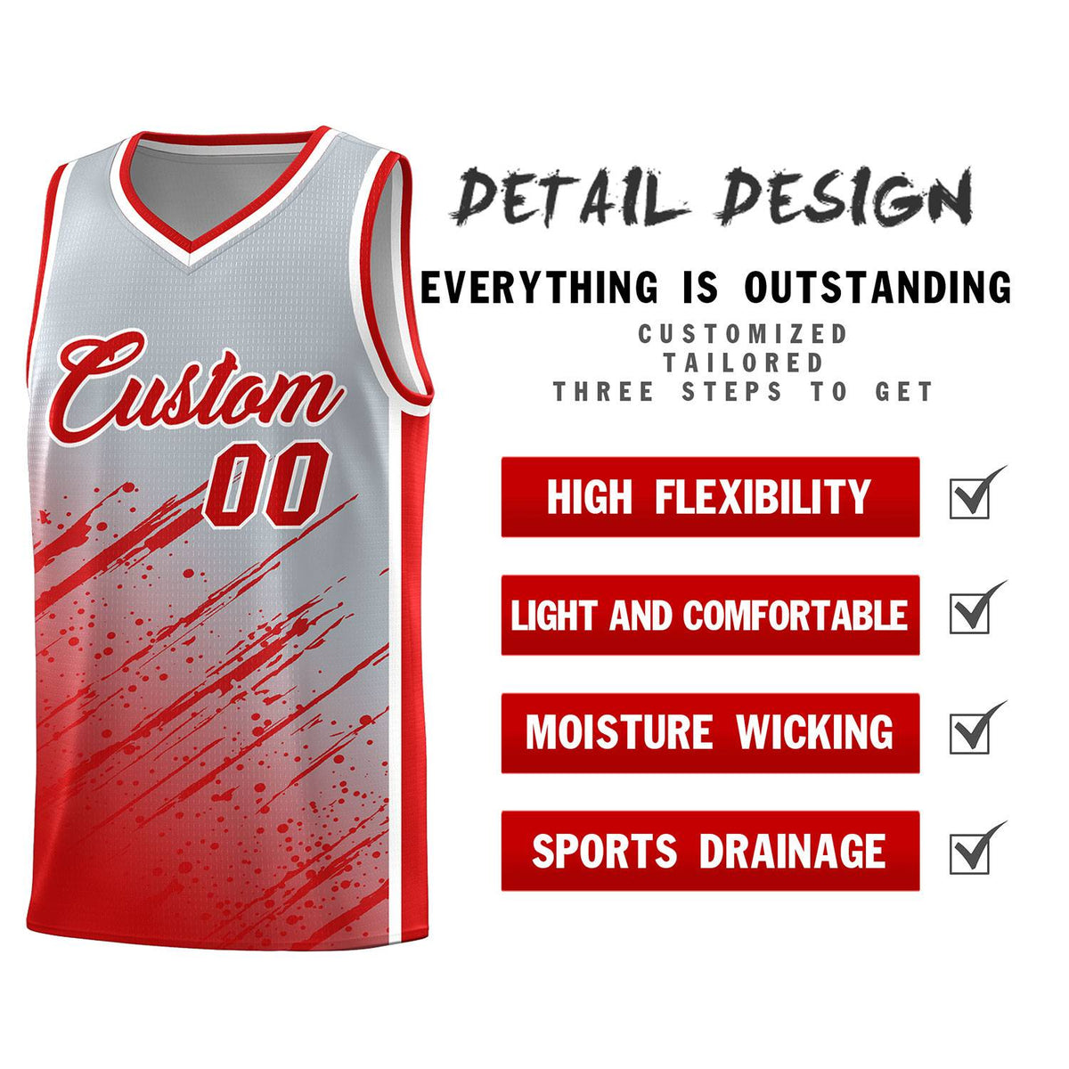 Custom Gray Basketball Kits With Red Paint Graffiti