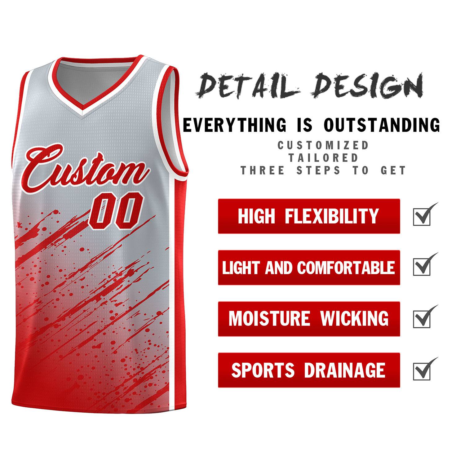 Custom Gray Basketball Kits With Red Paint Graffiti