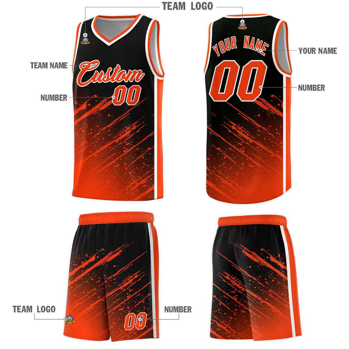 Custom Black Basketball Kits With Orange Paint Graffiti