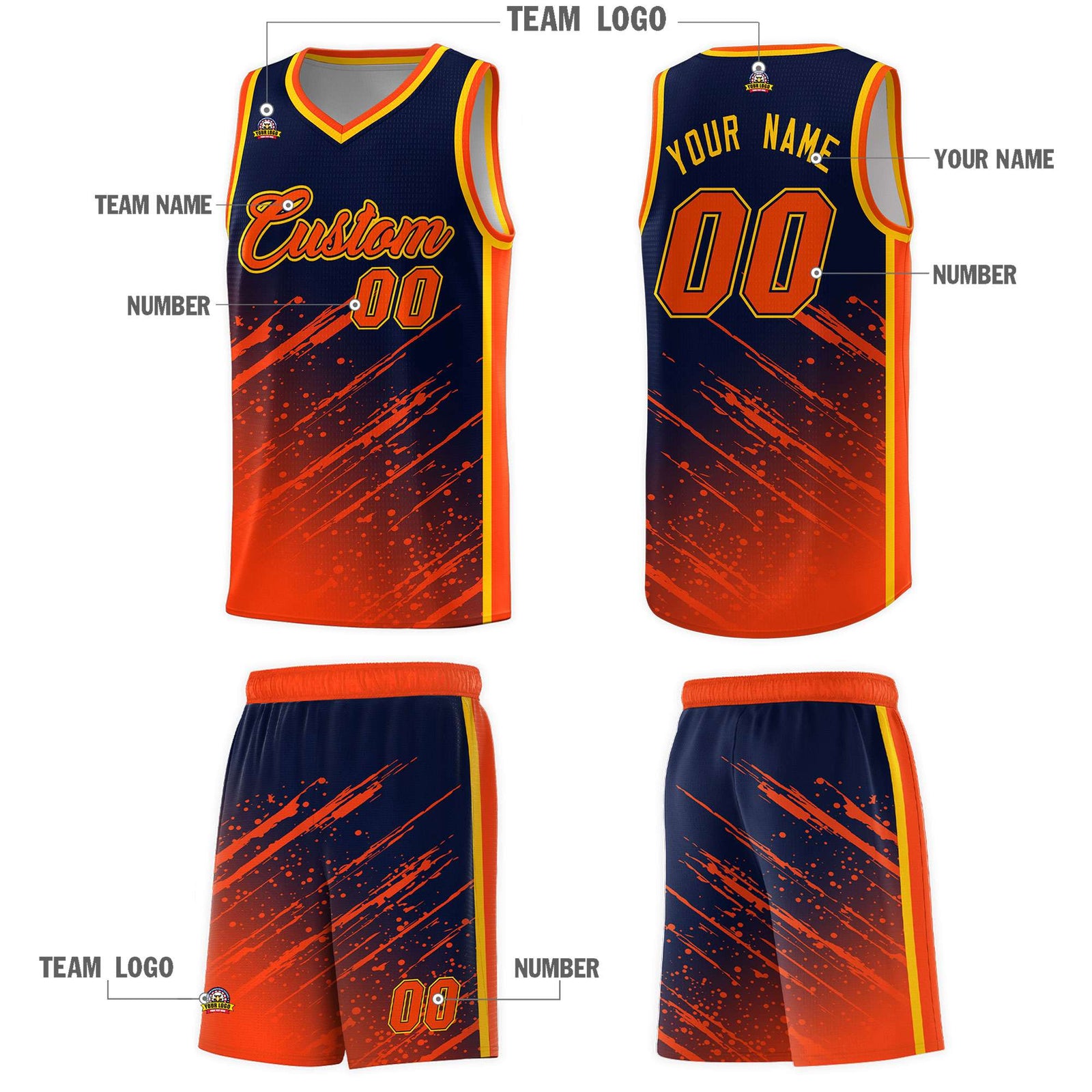 Custom Navy Basketball Kits With Orange Paint Graffiti
