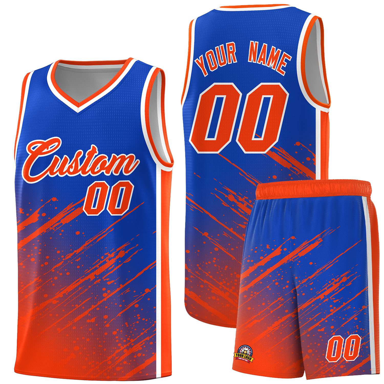 Custom Royal Basketball Kits With Orange Paint Graffiti