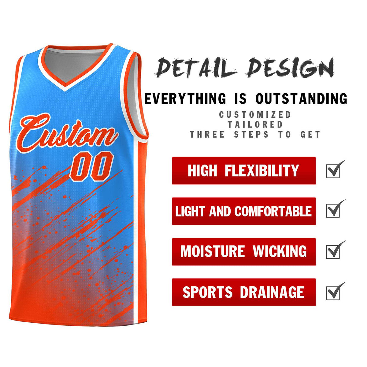 Custom Powder Blue Basketball Kits With Orange Paint Graffiti