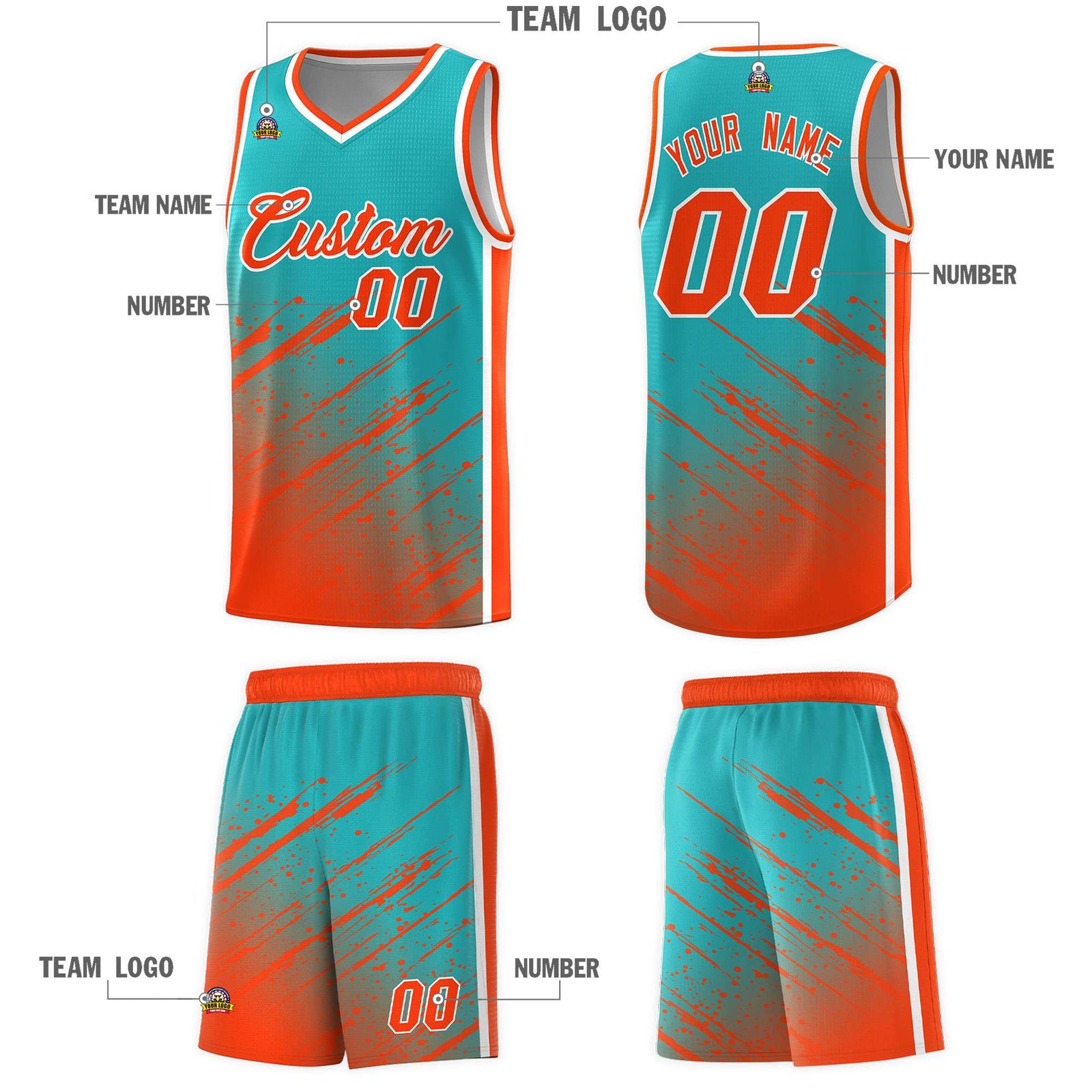 Custom Aqua Basketball Kits With Orange Paint Graffiti