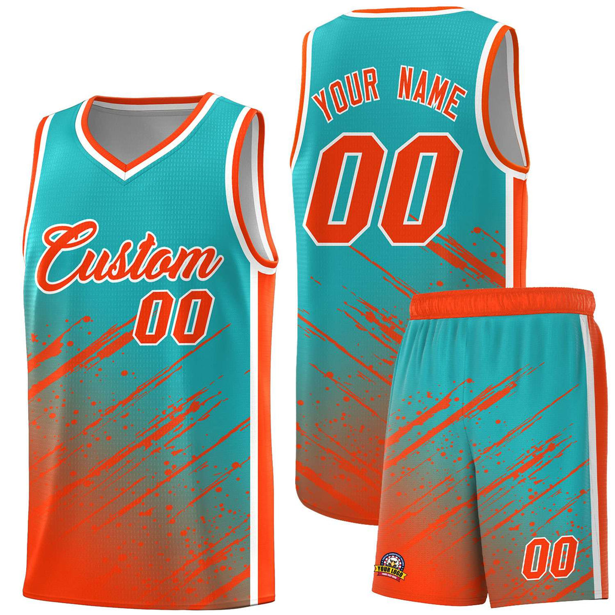 Custom Aqua Basketball Kits With Orange Paint Graffiti