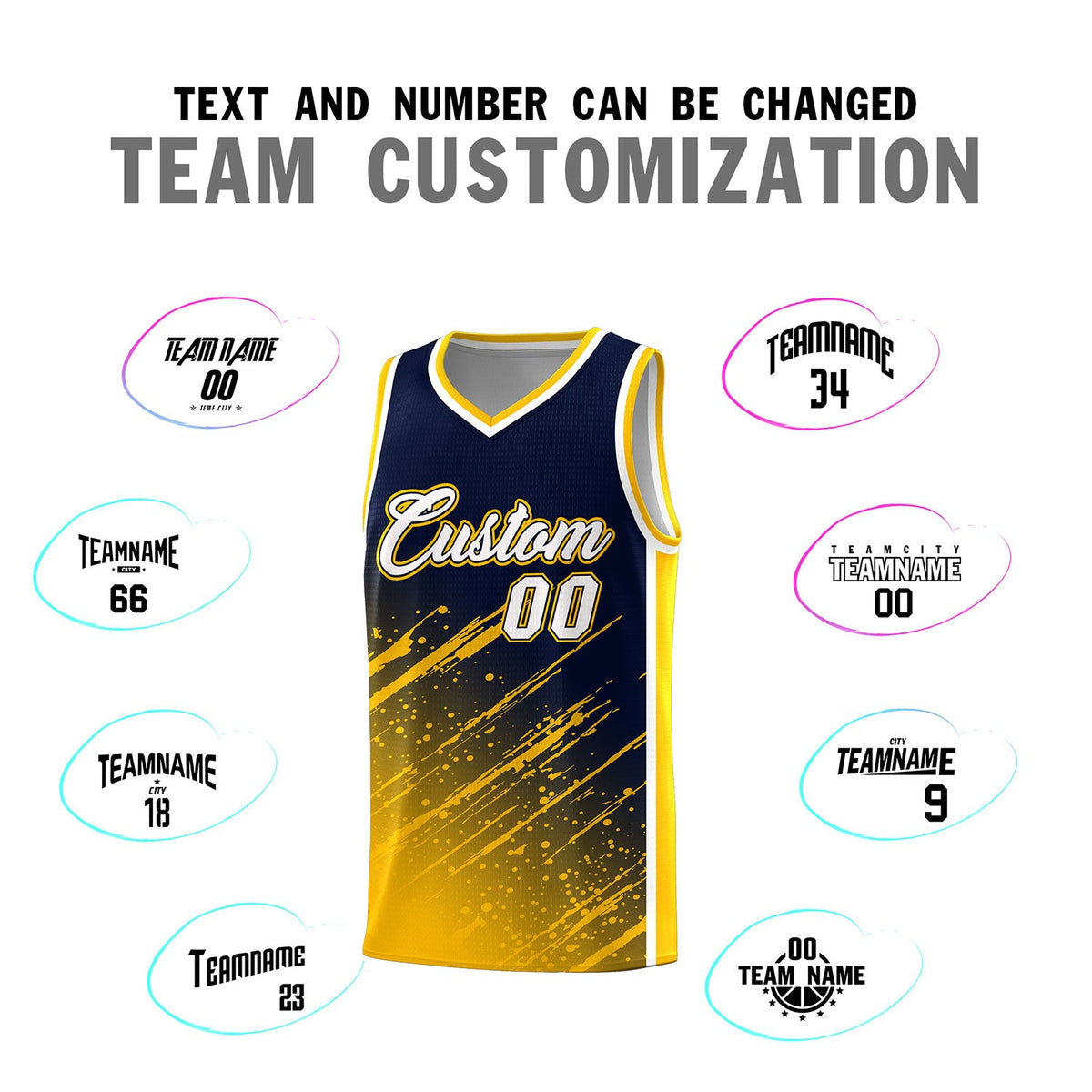 Custom Navy Basketball Kits With Yellow Paint Graffiti