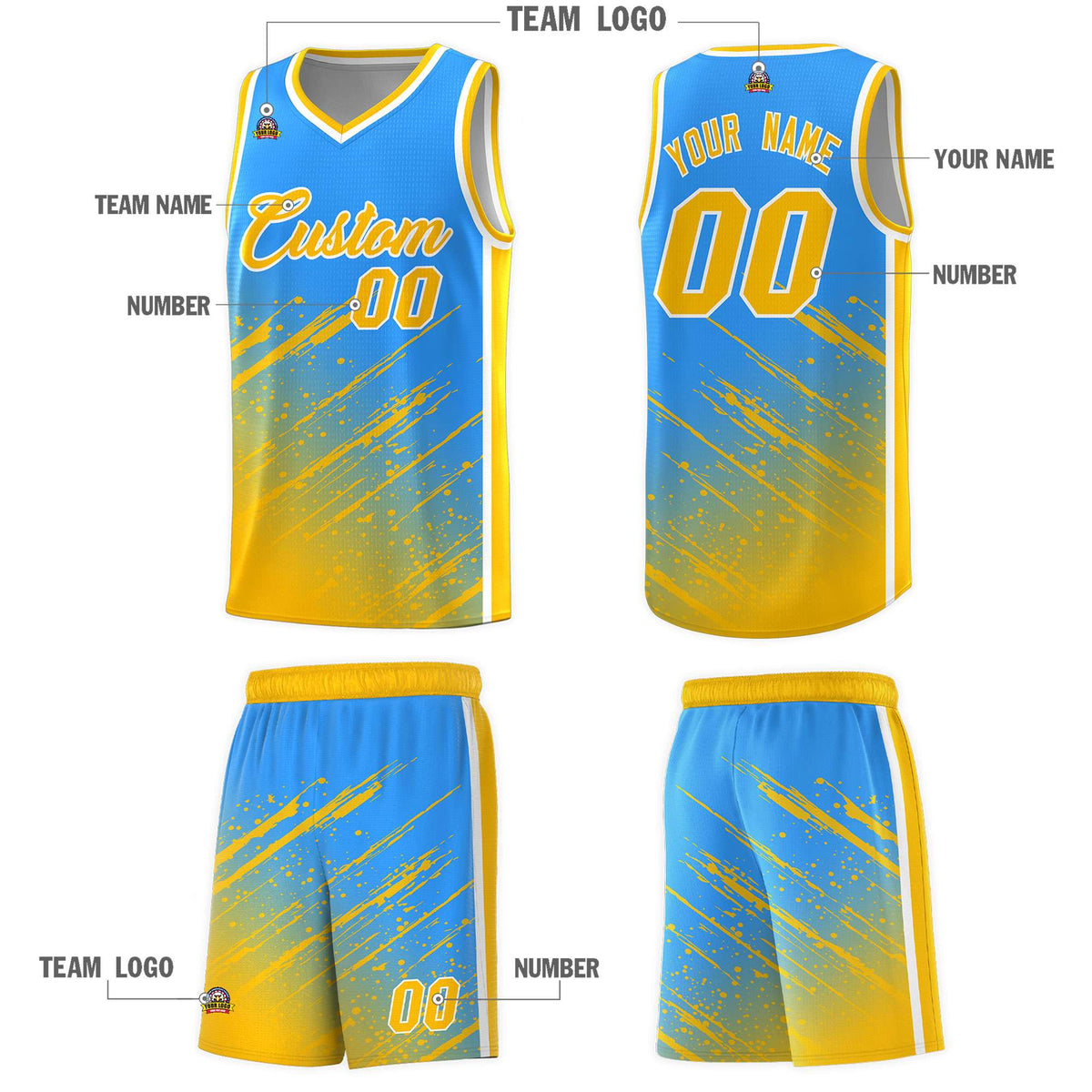 Custom Powder Blue Basketball Kits With Yellow Paint Graffiti
