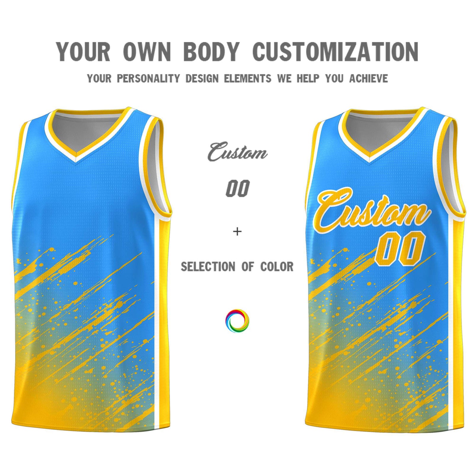 Custom Powder Blue Basketball Kits With Yellow Paint Graffiti