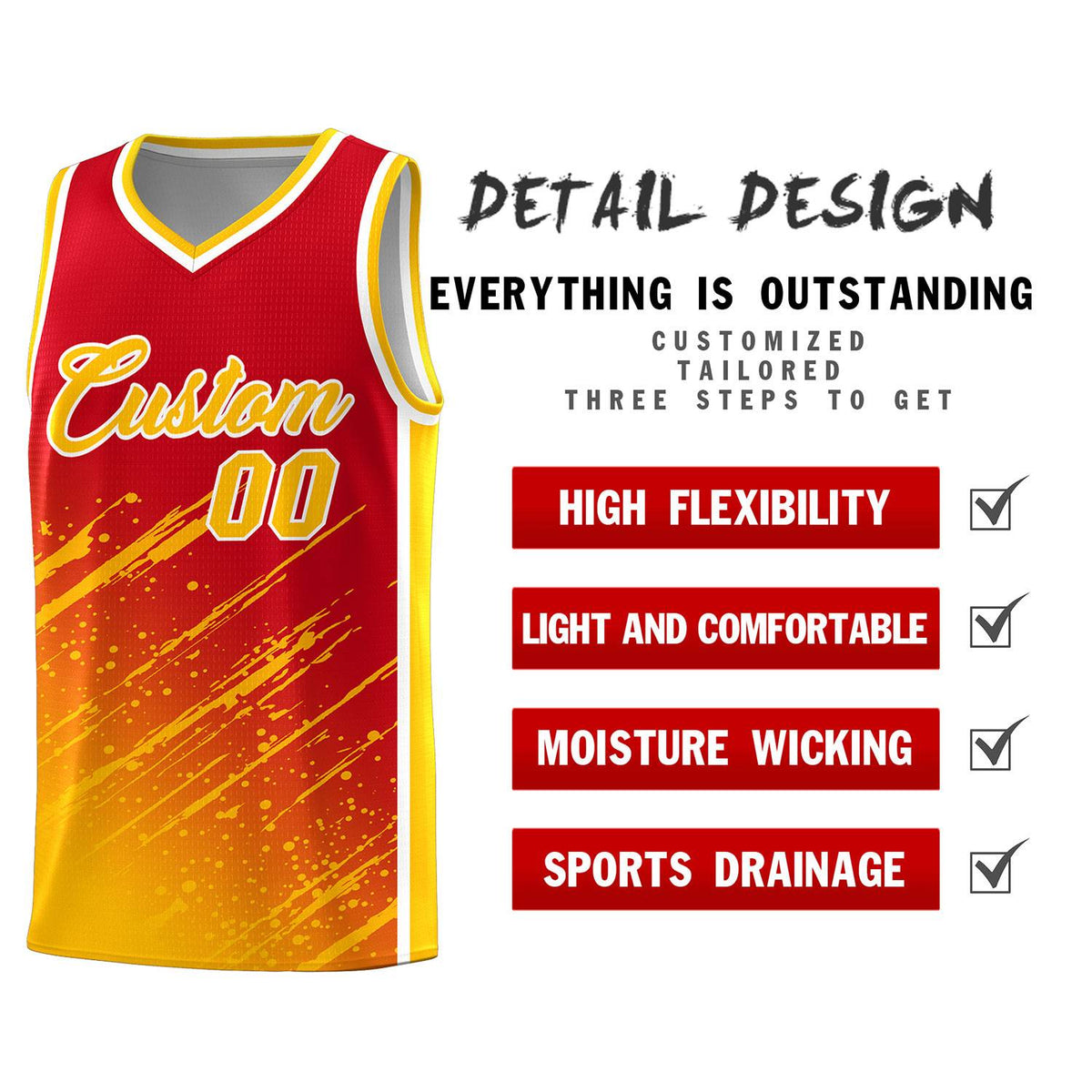 Custom Red Basketball Kits With Yellow Paint Graffiti