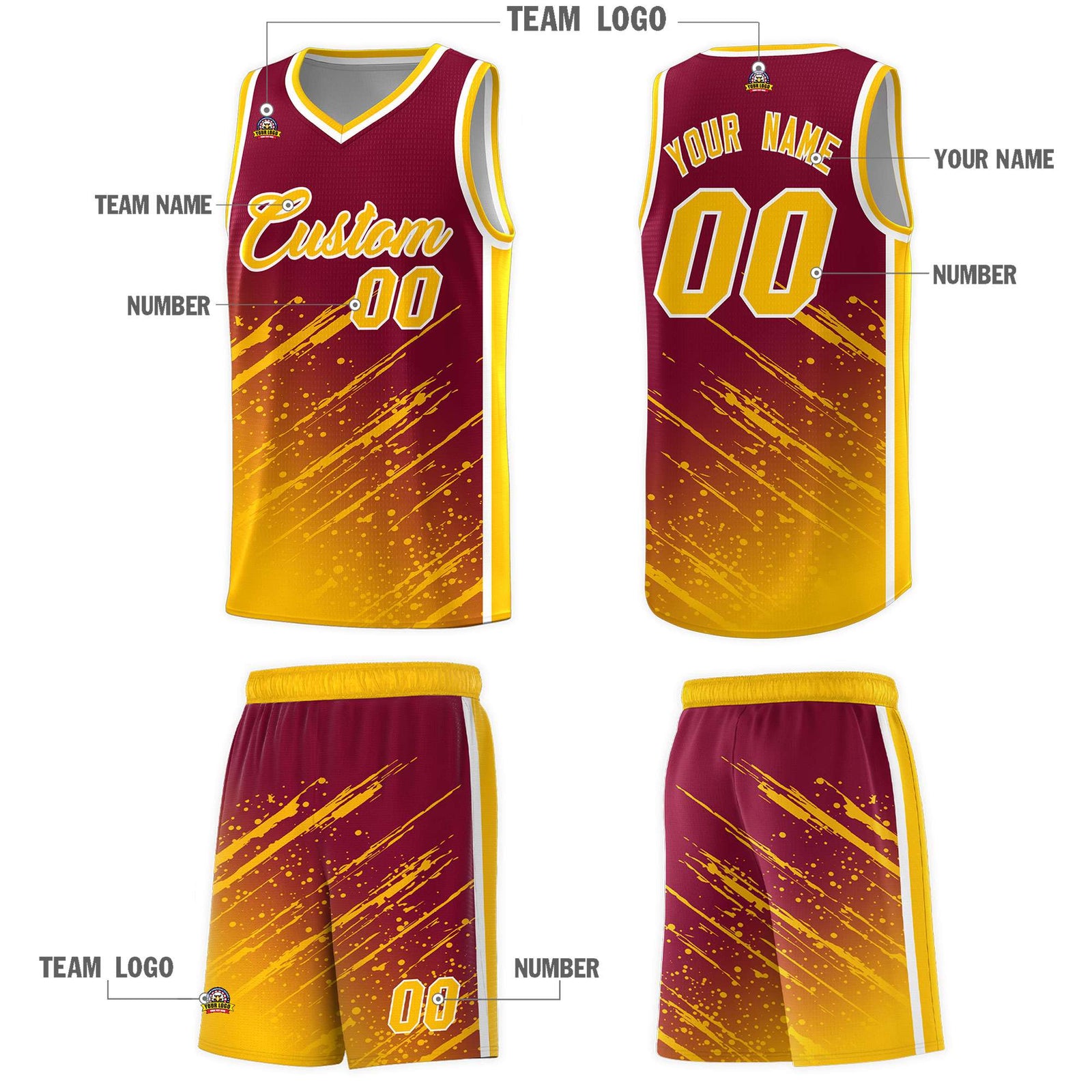 Custom Crimson Basketball Kits With Yellow Paint Graffiti