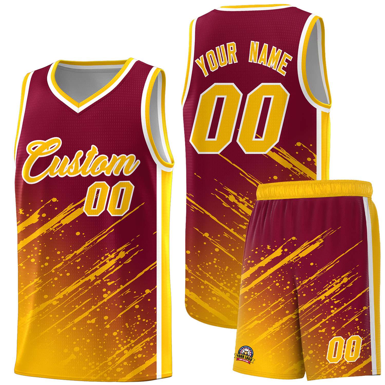 Custom Crimson Basketball Kits With Yellow Paint Graffiti