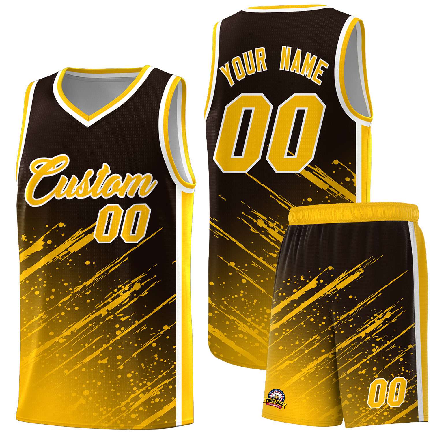 Custom Brown Basketball Kits With Yellow Paint Graffiti