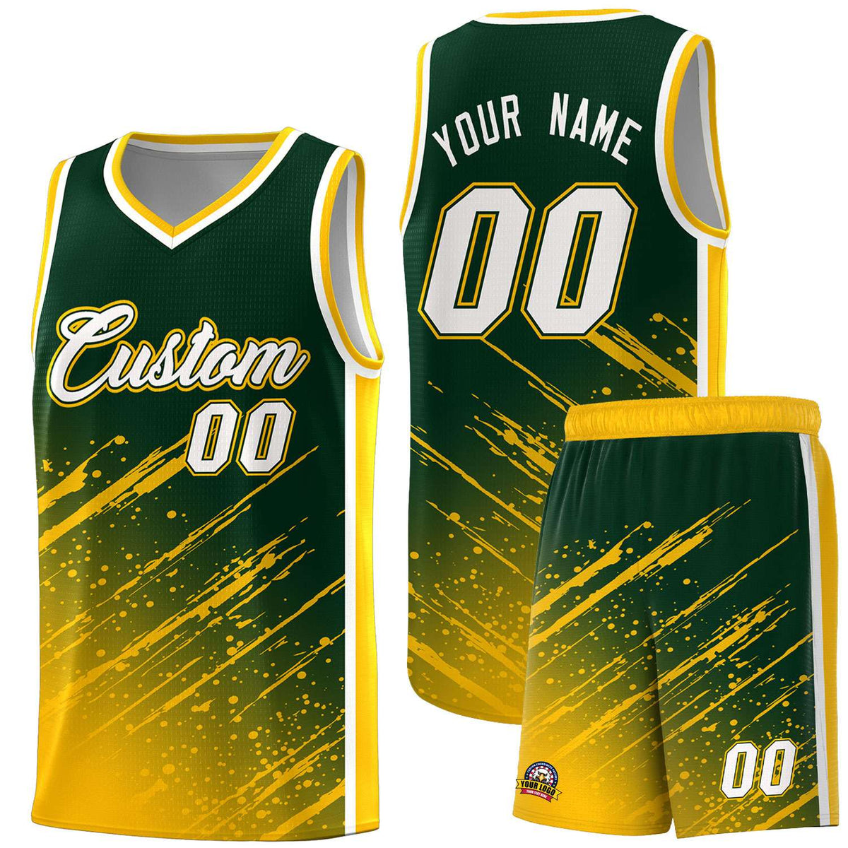 Custom Green Basketball Kits With Yellow Paint Graffiti