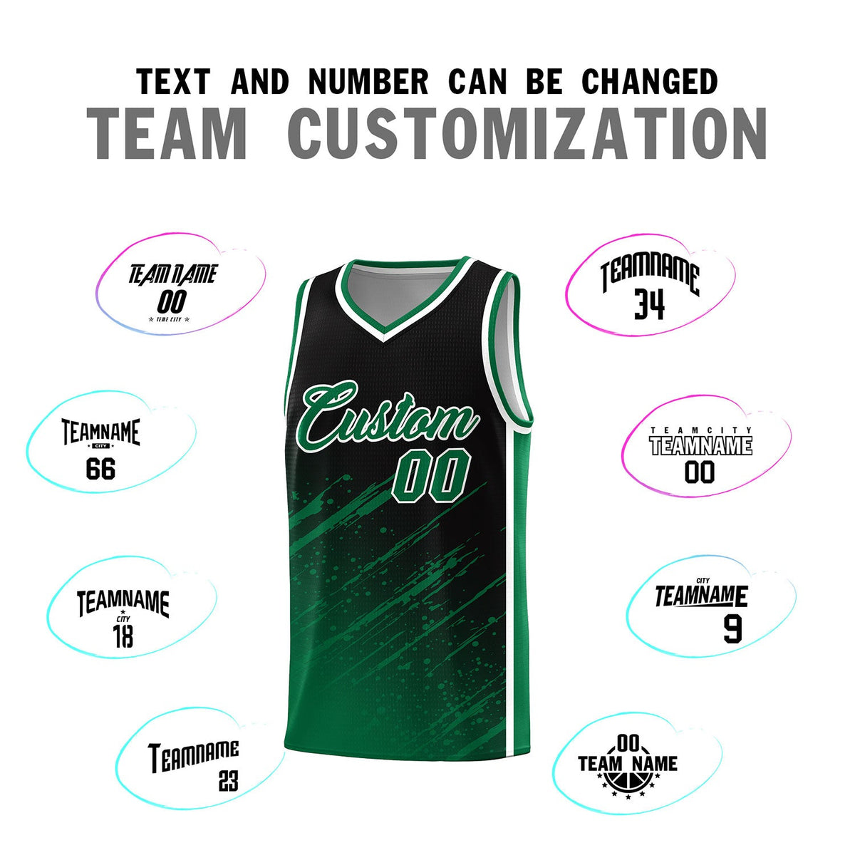 Custom Black Basketball Kits With Kelly Green Paint Graffiti