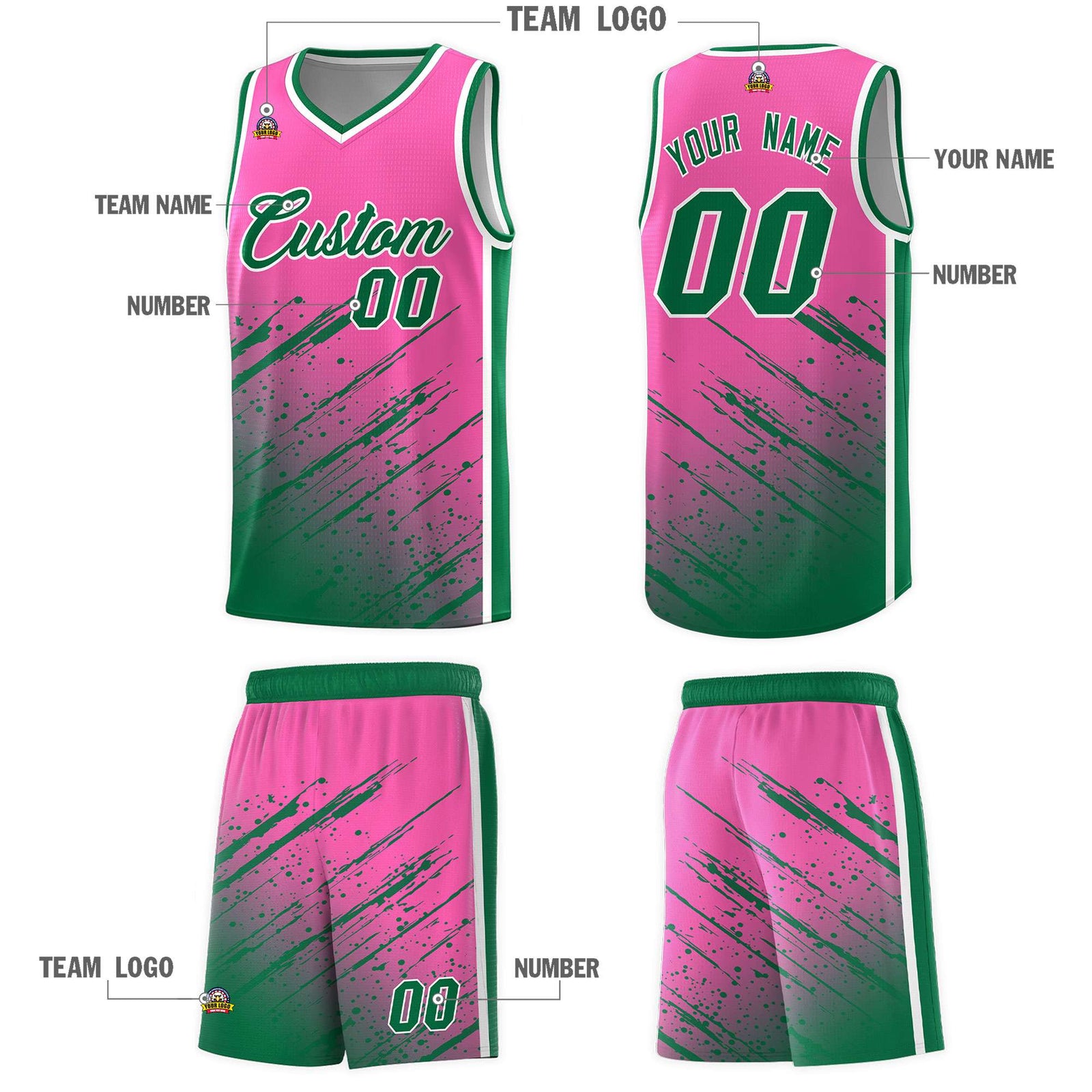 Custom Pink Basketball Kits With Kelly Green Paint Graffiti