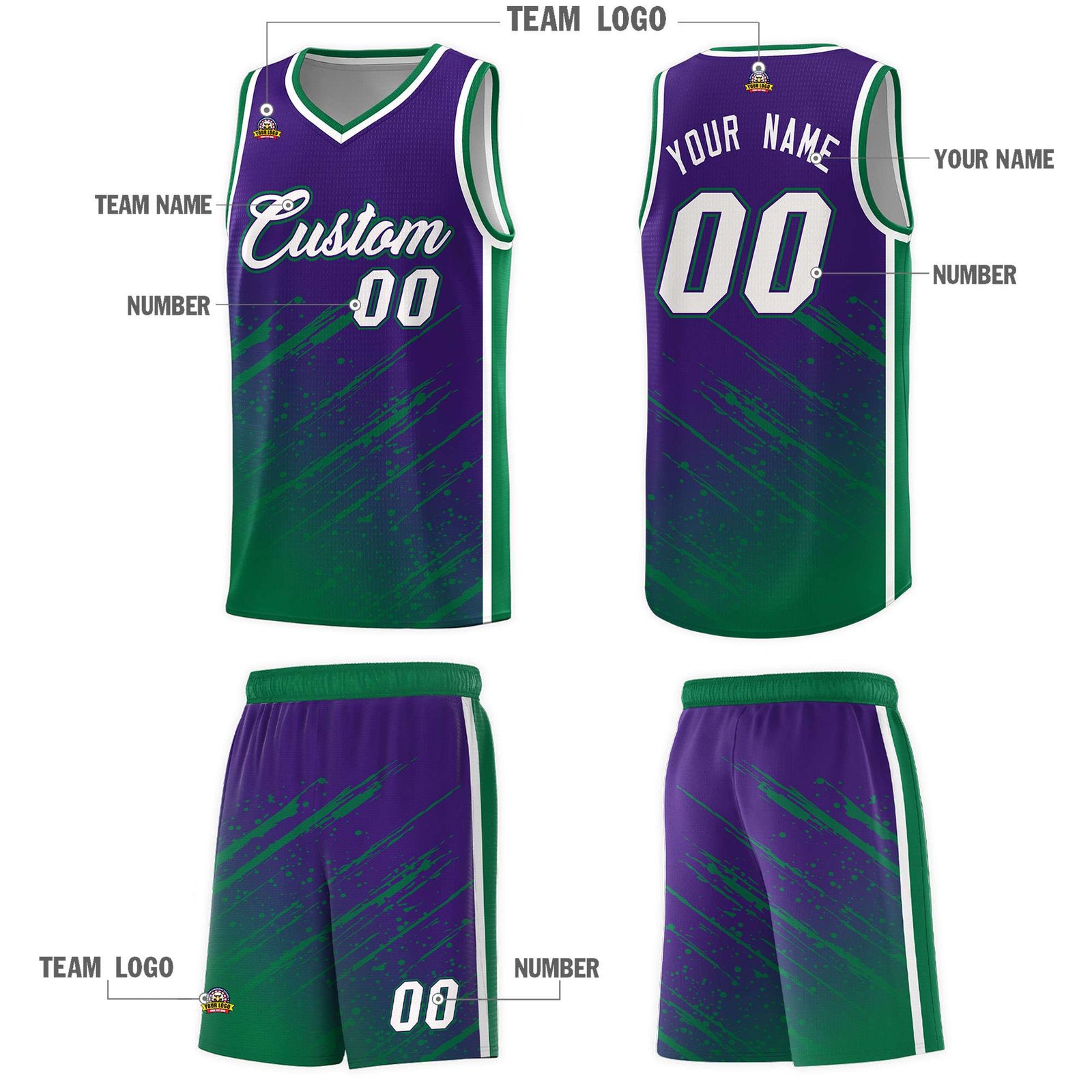 Custom Purple Basketball Kits With Kelly Green Paint Graffiti