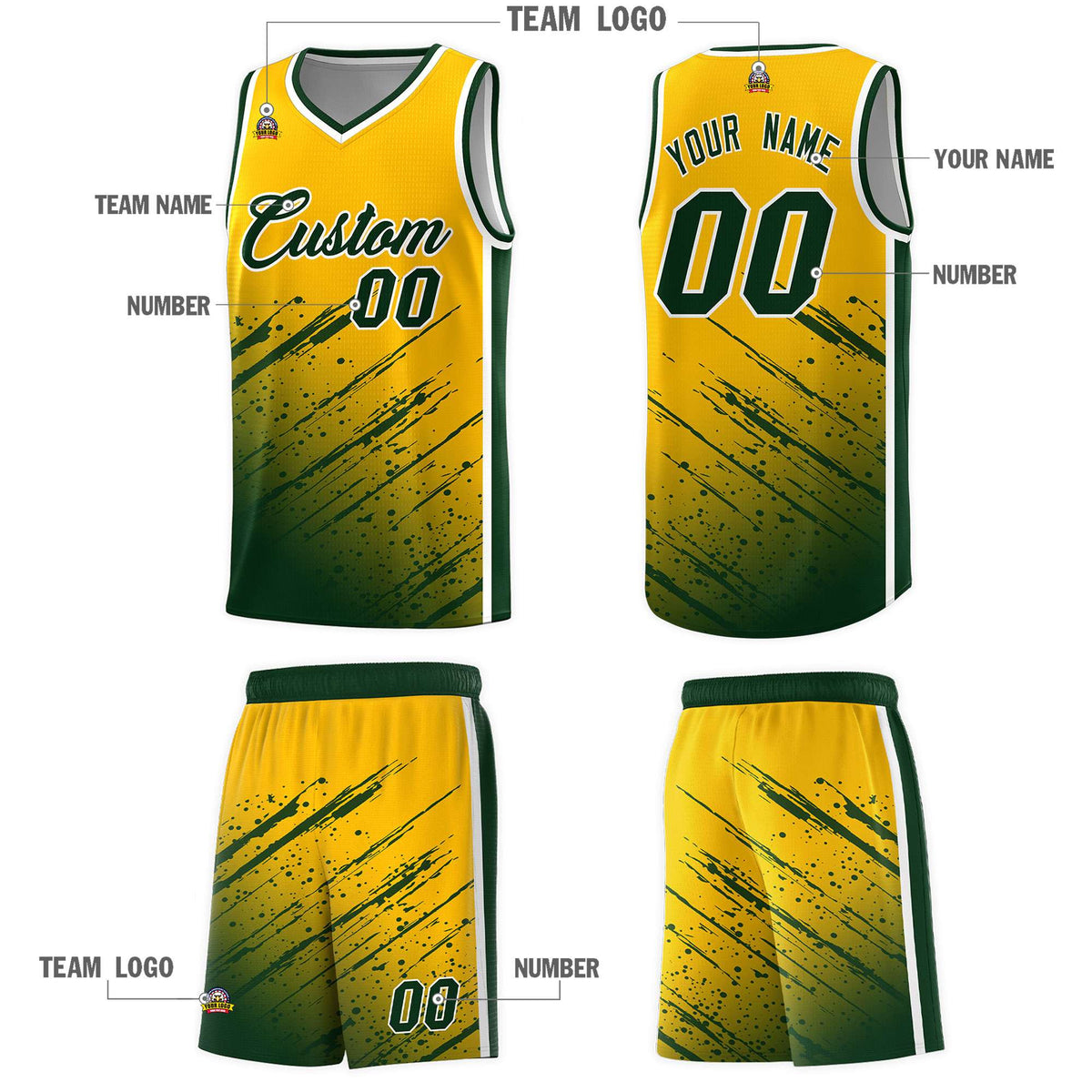 Custom Yellow Basketball Kits With Green Paint Graffiti