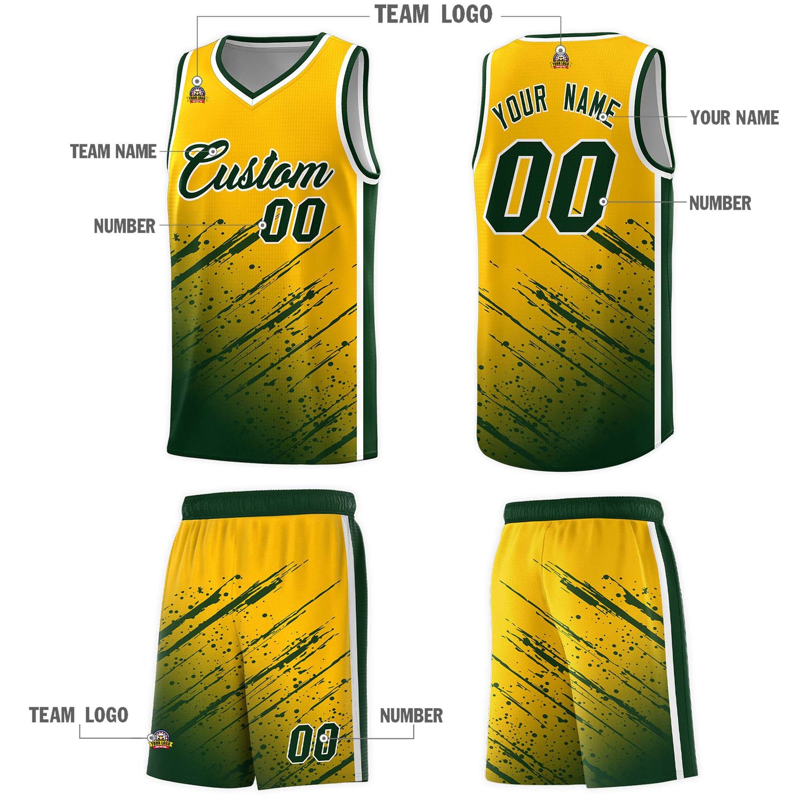 Custom Yellow Basketball Kits With Green Paint Graffiti