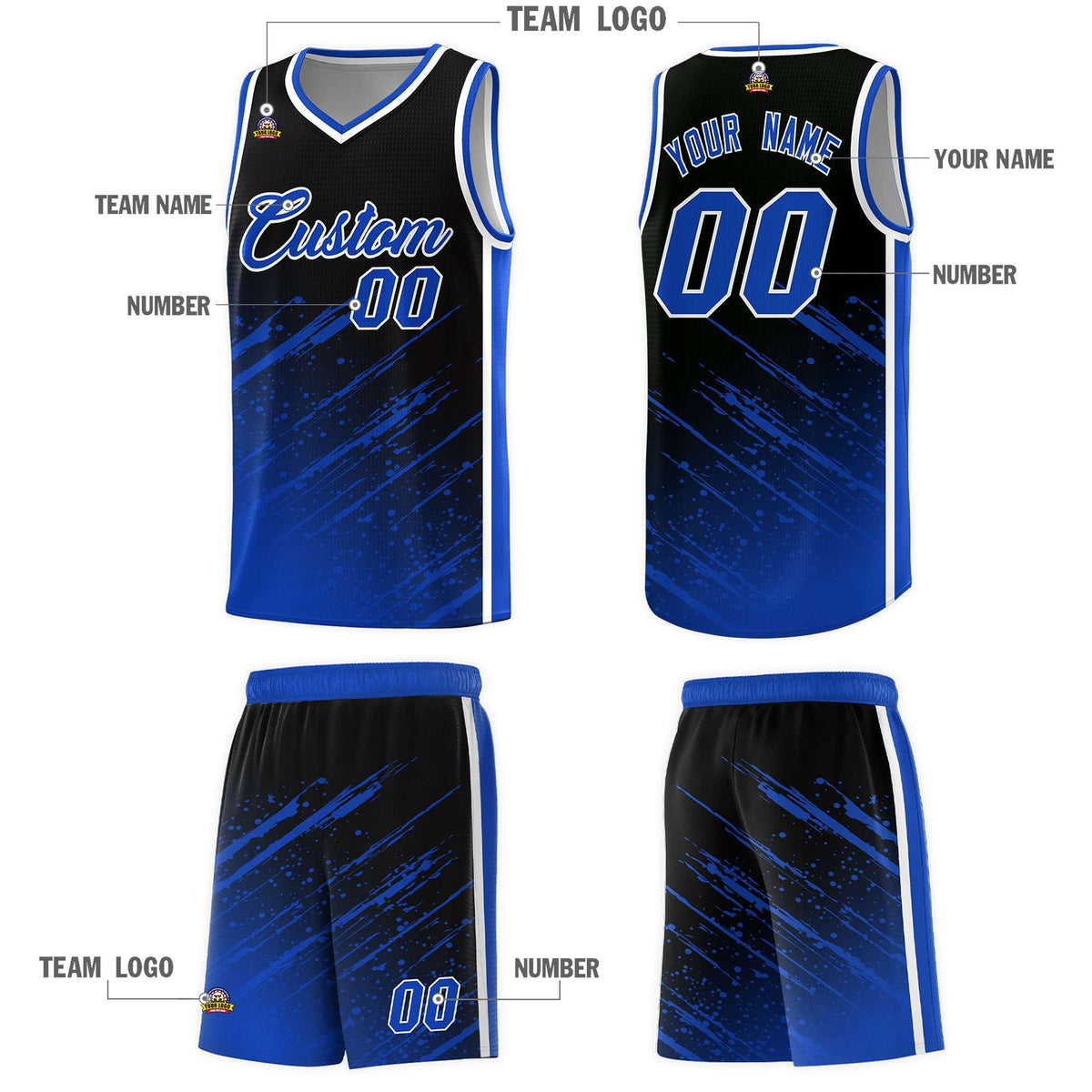 Custom Black Basketball Kits With Royal Paint Graffiti