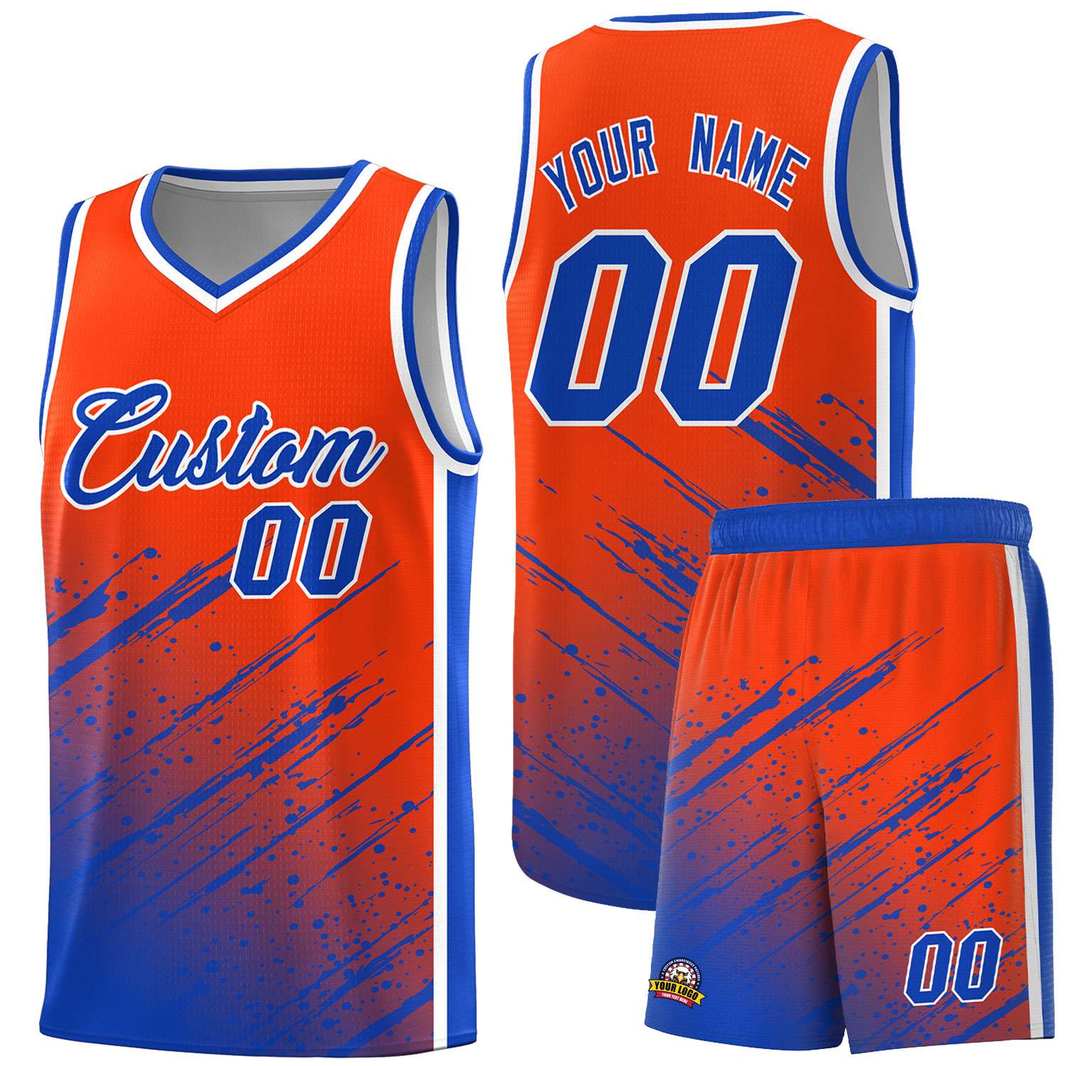 Custom Orange Basketball Kits With Royal Paint Graffiti