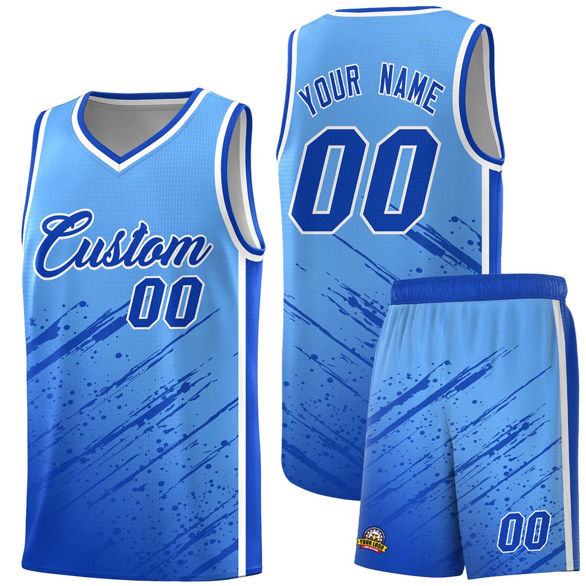 Custom Powder Blue Basketball Kits With Royal Paint Graffiti