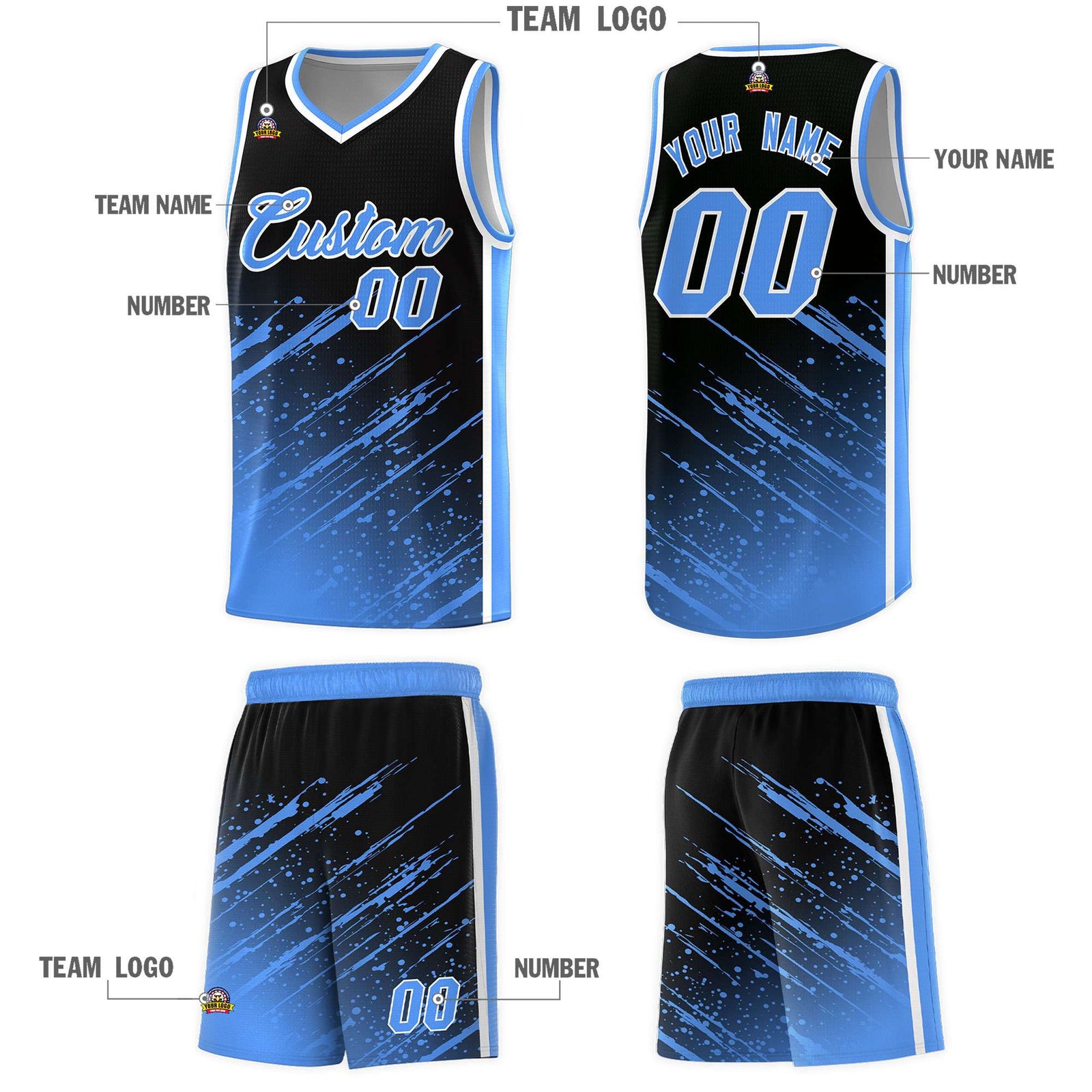 Custom Black Basketball Kits With Powder Blue Paint Graffiti