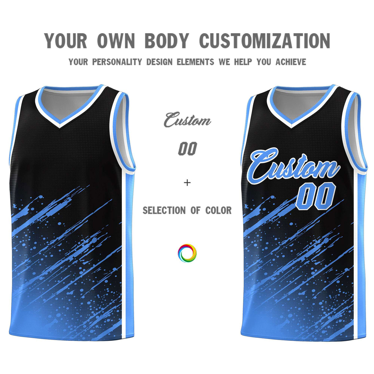 Custom Black Basketball Kits With Powder Blue Paint Graffiti