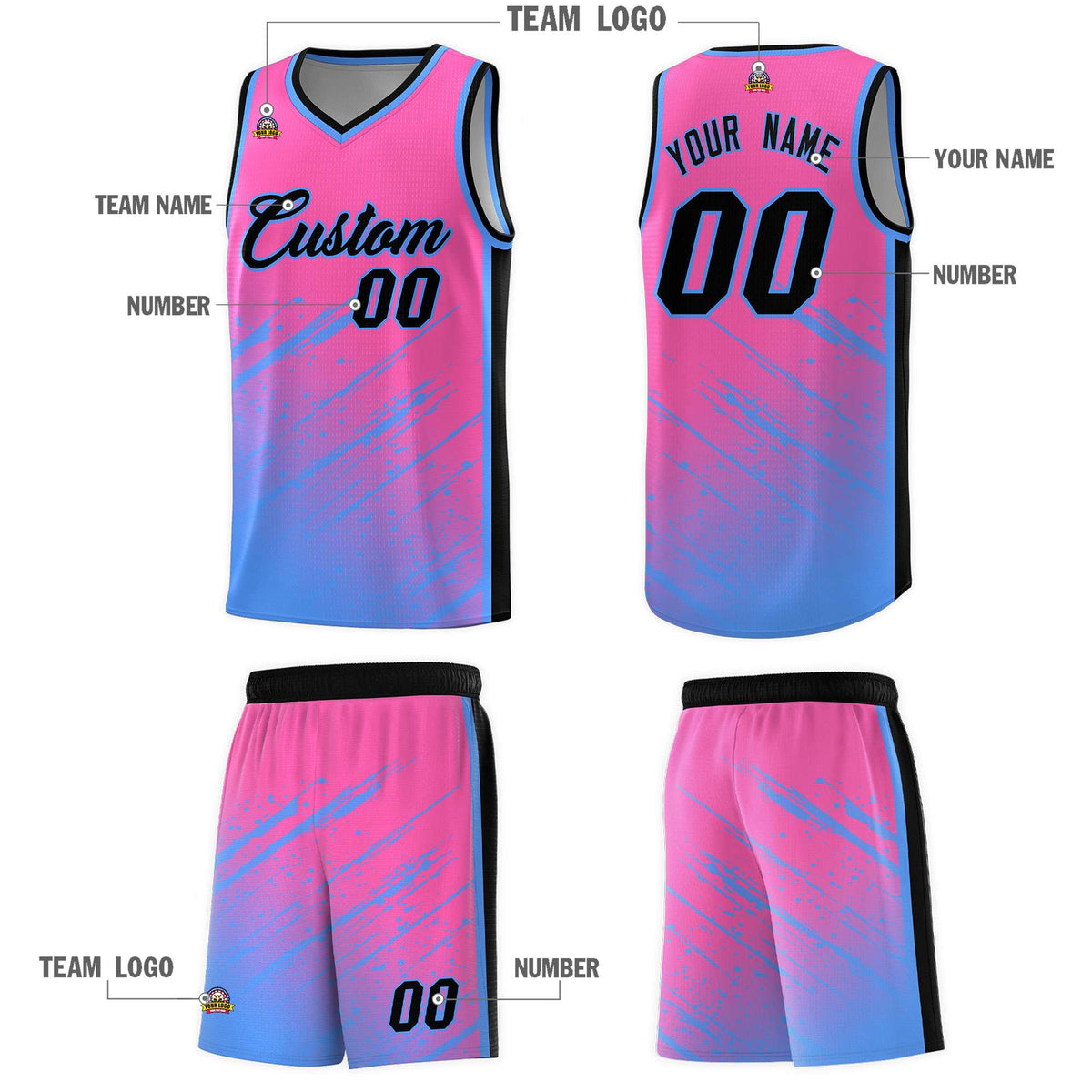 Custom Pink Basketball Kits With Powder Blue Paint Graffiti