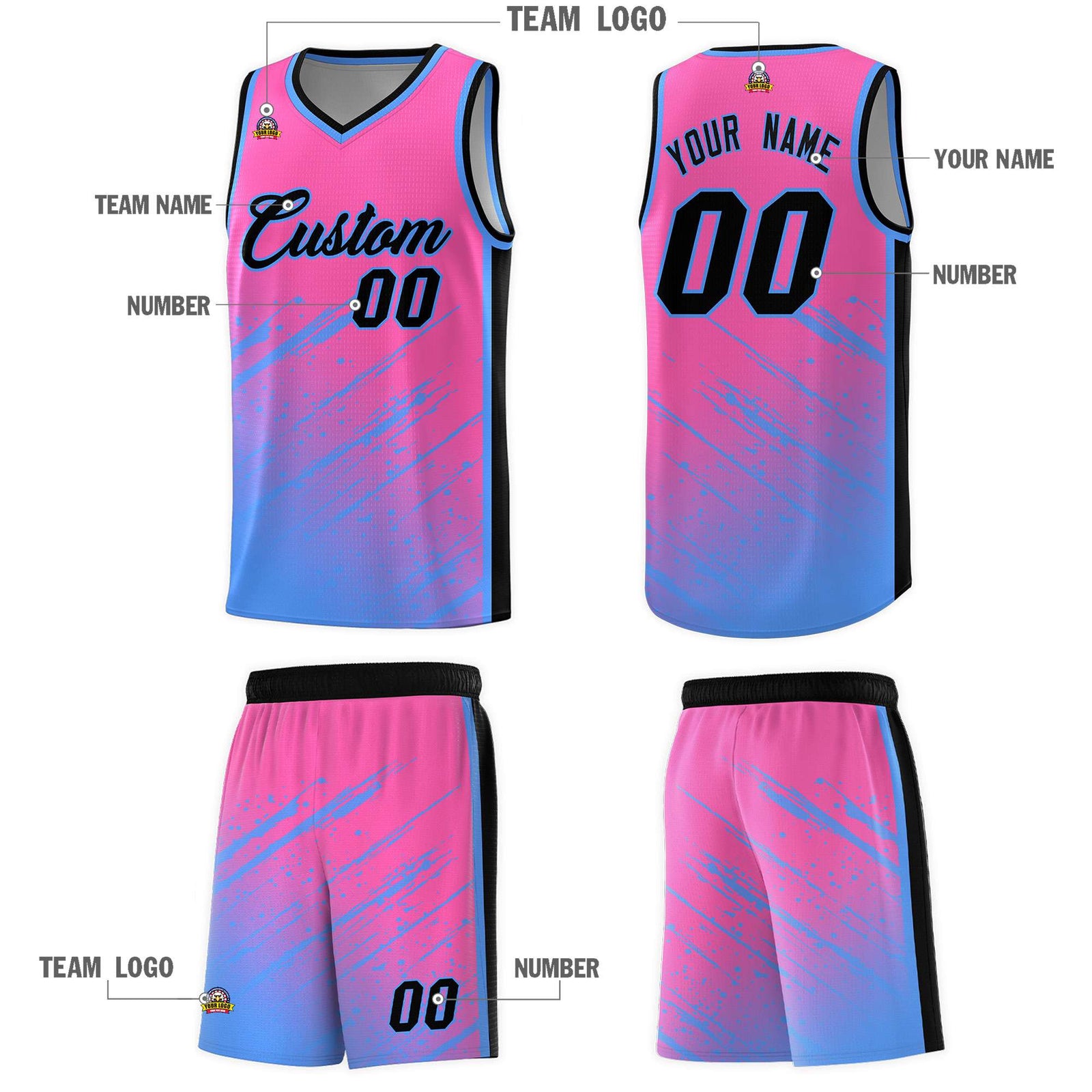 Custom Pink Basketball Kits With Powder Blue Paint Graffiti