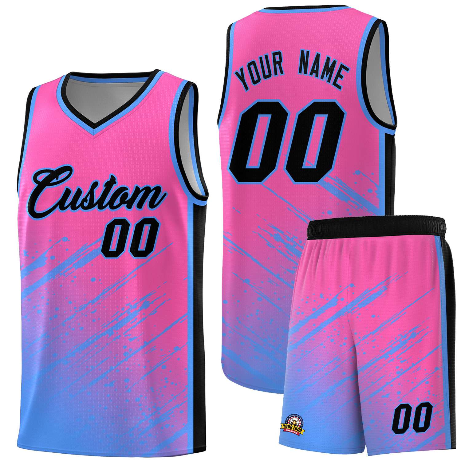 Custom Pink Basketball Kits With Powder Blue Paint Graffiti