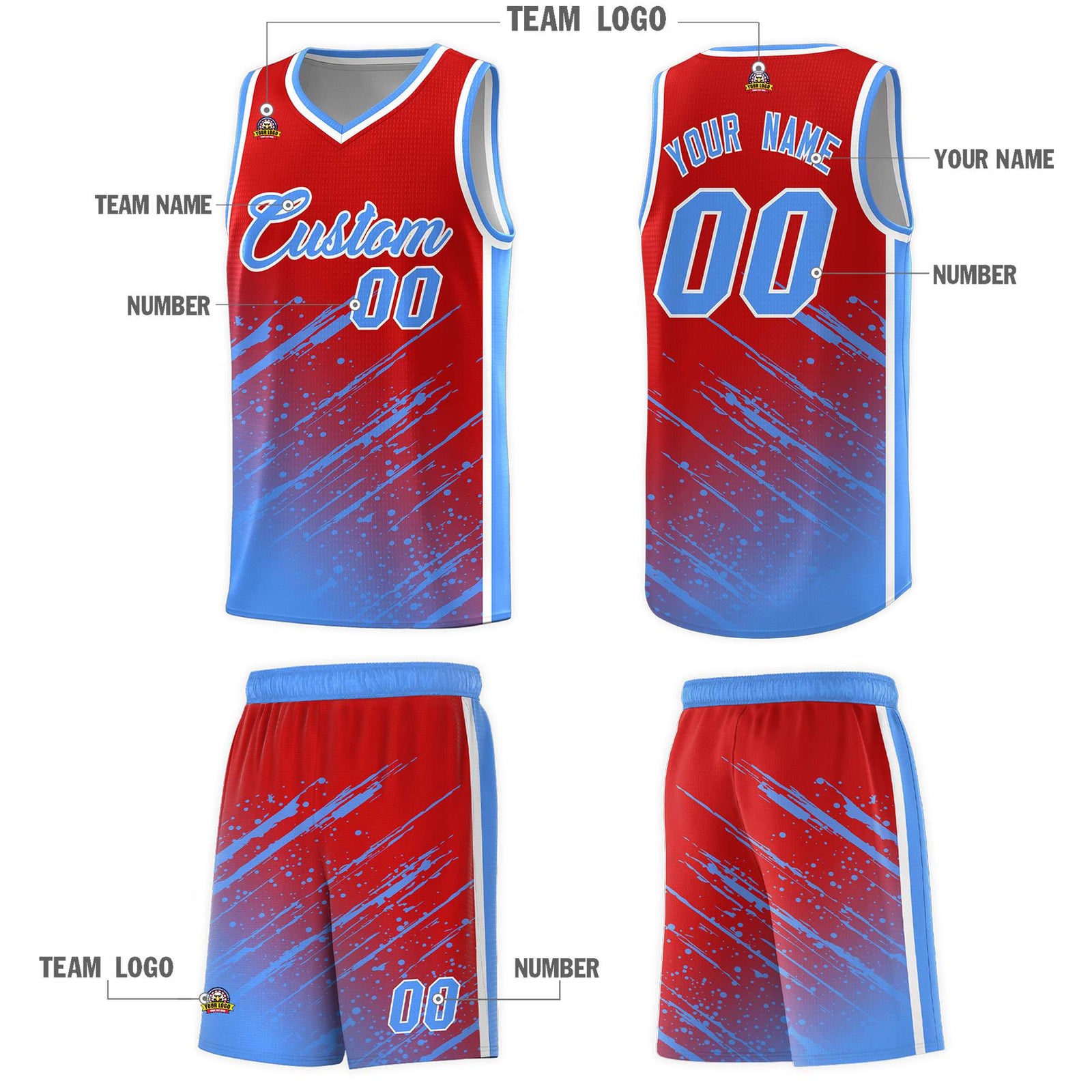 Custom Red Basketball Kits With Powder Blue Paint Graffiti