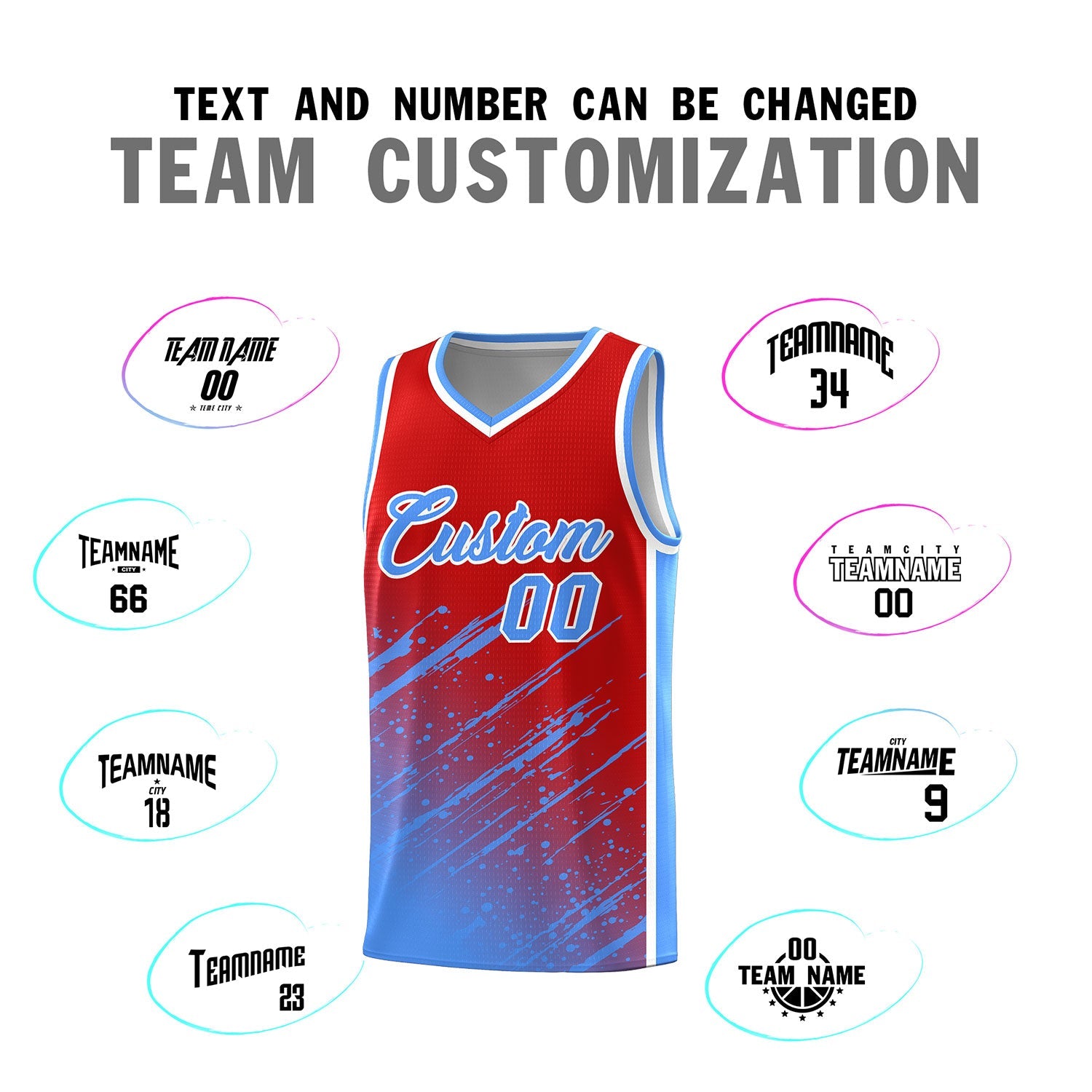 Custom Red Basketball Kits With Powder Blue Paint Graffiti