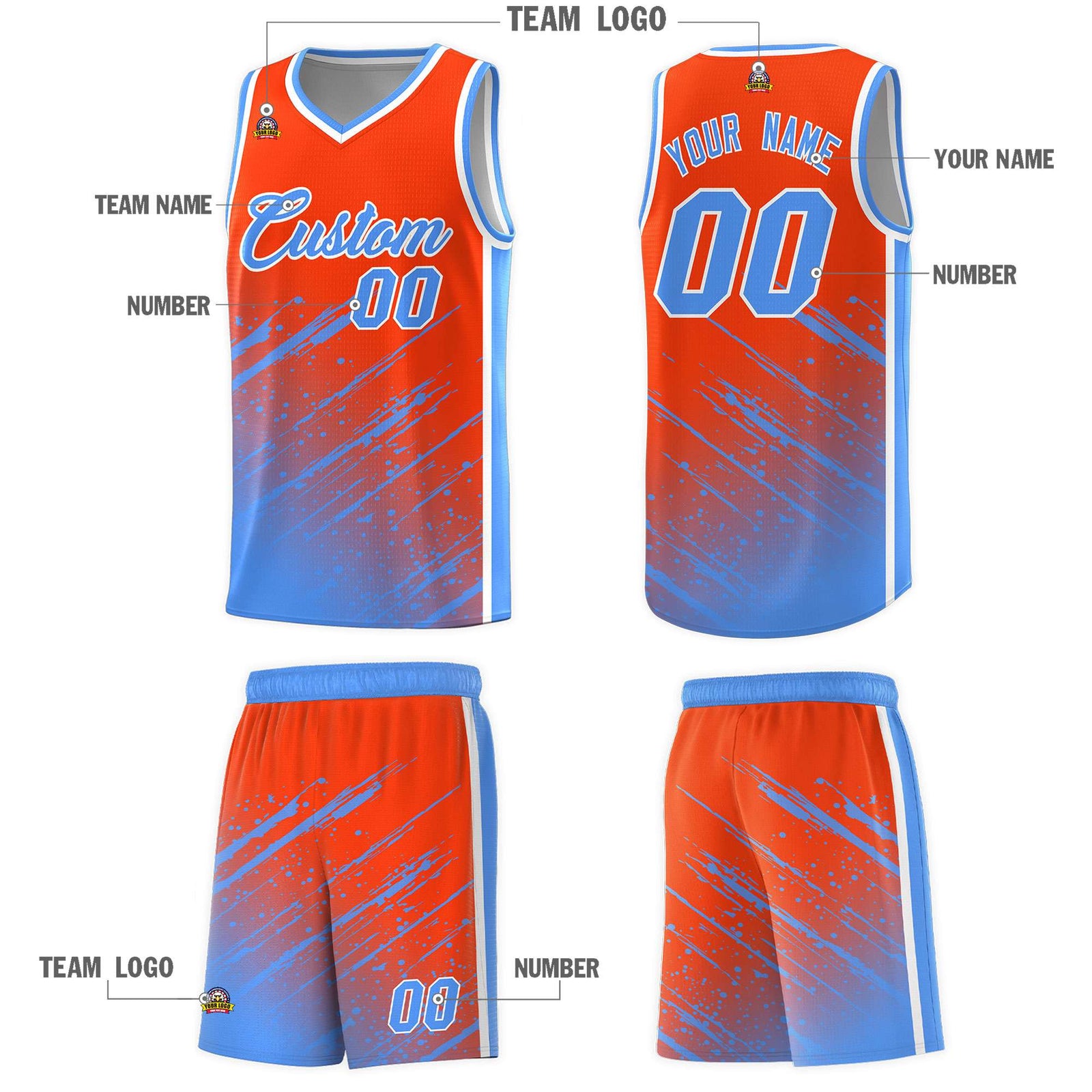 Custom Orange Basketball Kits With Powder Blue Paint Graffiti