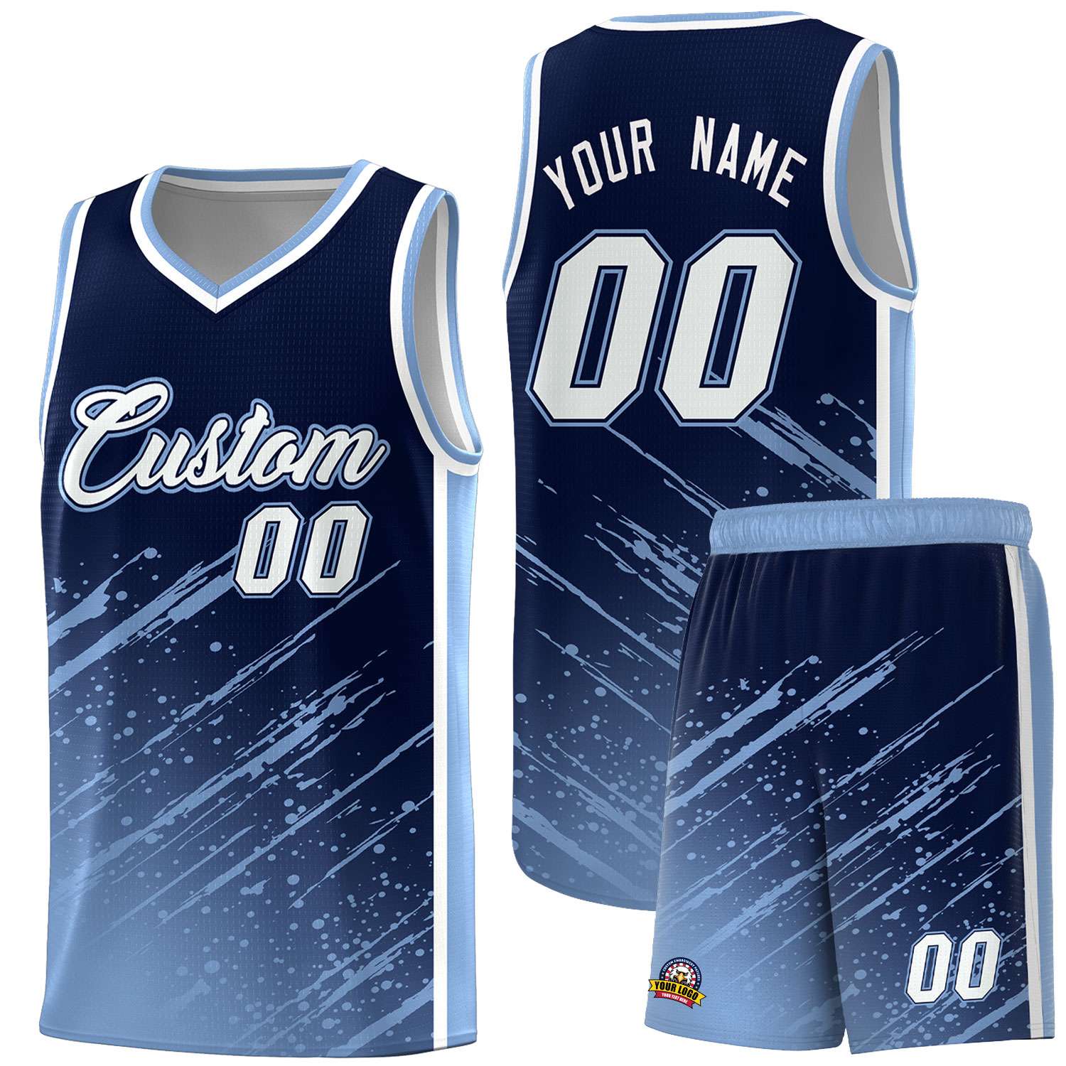 Custom Navy Basketball Kits With Light Blue Paint Graffiti