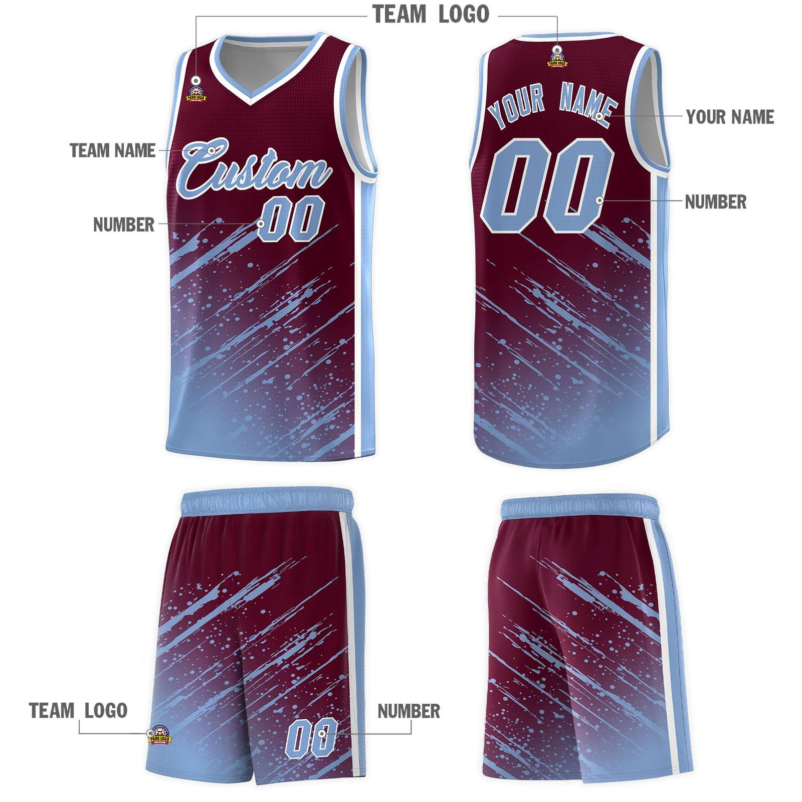 Custom Crimson Basketball Kits With Light Blue Paint Graffiti