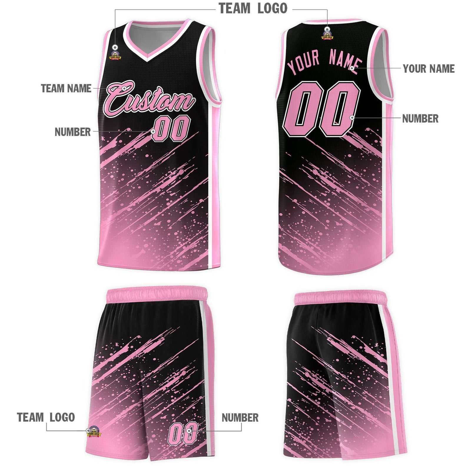 Custom Black Basketball Kits With Light Pink Paint Graffiti